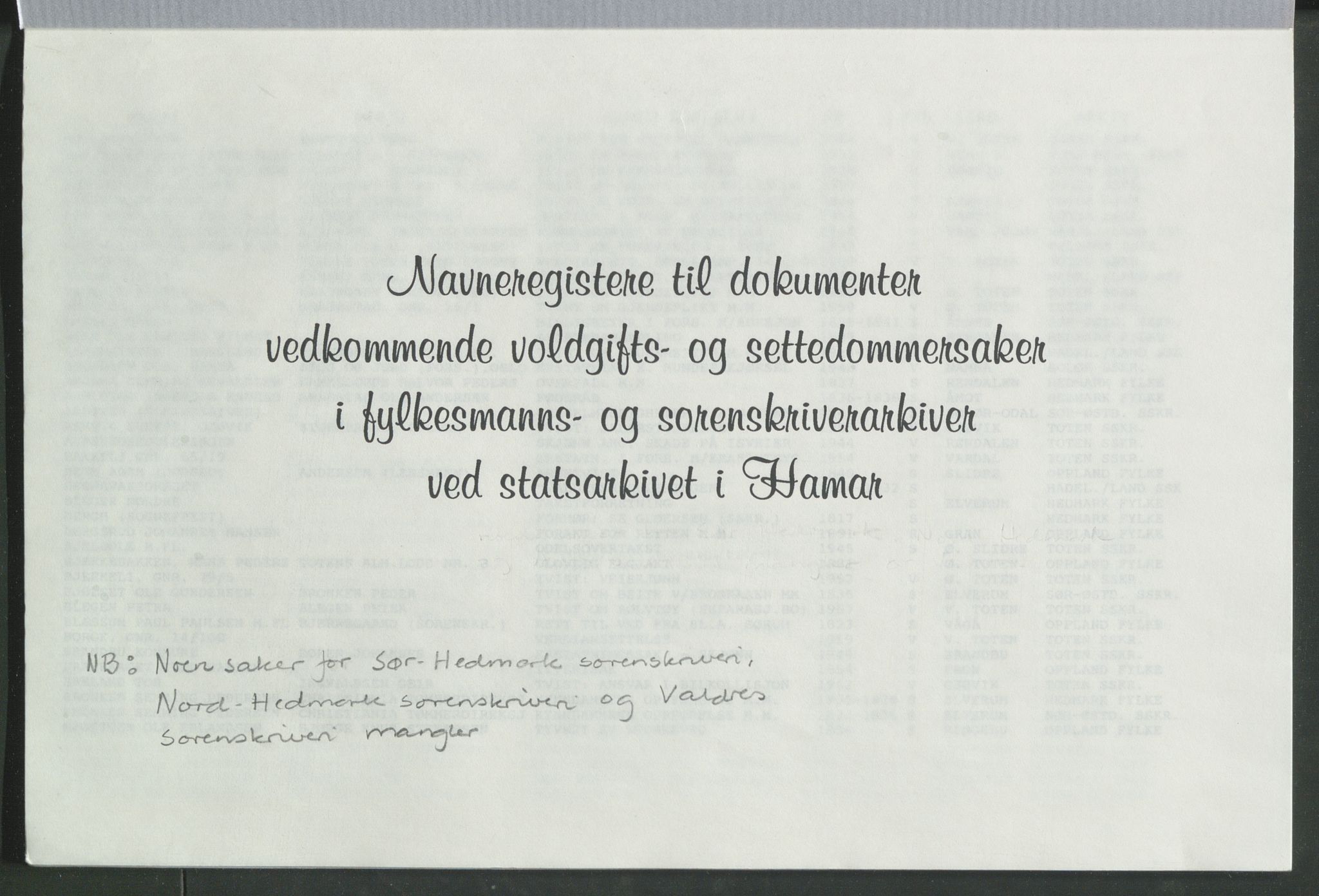 Statsarkivet i Hamar, AV/SAH-SAH-001/H/Hb/L0001/0006: Egne registre og hjelpemidler / Navneregistre til dokumenter vedkommende voldgifts- og settedommersaker i Fylkesmanns- og sorenskriverarkiver ved Statsarkivet i Hamar, 1810-1966