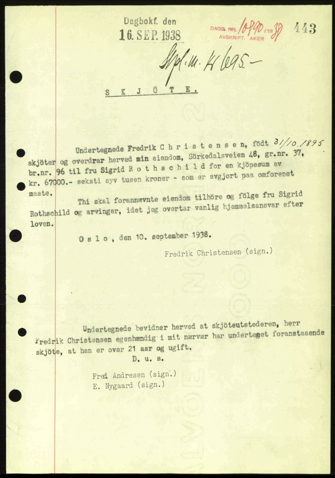 Aker herredsskriveri, SAO/A-10896/G/Gb/Gba/Gbab/L0025: Mortgage book no. A154-155, 1938-1938, Diary no: : 10890/1938
