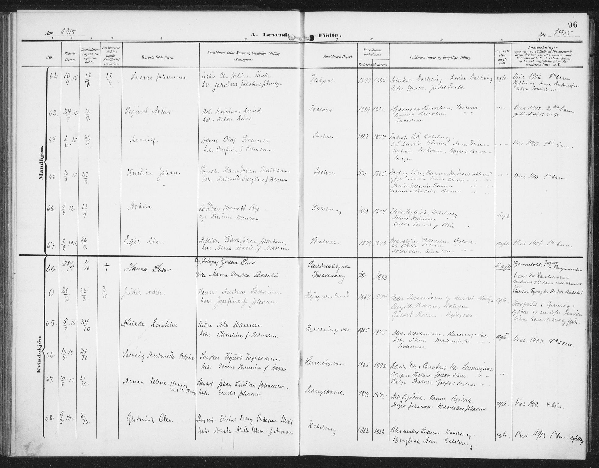 Ministerialprotokoller, klokkerbøker og fødselsregistre - Nordland, AV/SAT-A-1459/874/L1063: Parish register (official) no. 874A07, 1907-1915, p. 96