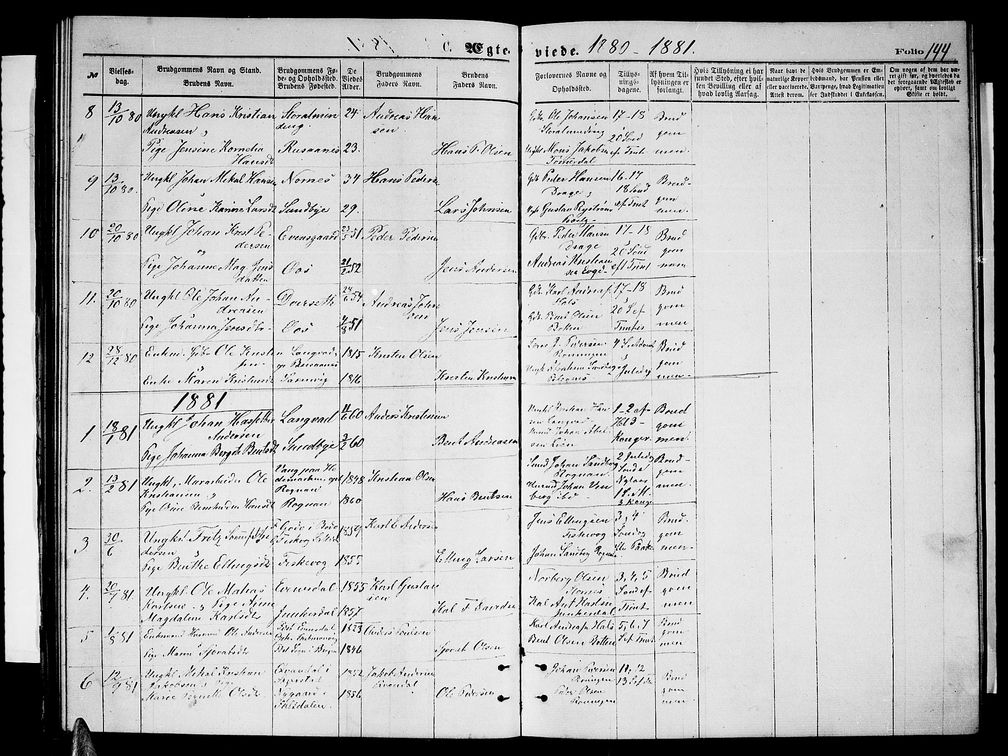 Ministerialprotokoller, klokkerbøker og fødselsregistre - Nordland, SAT/A-1459/847/L0679: Parish register (copy) no. 847C07, 1870-1888, p. 144