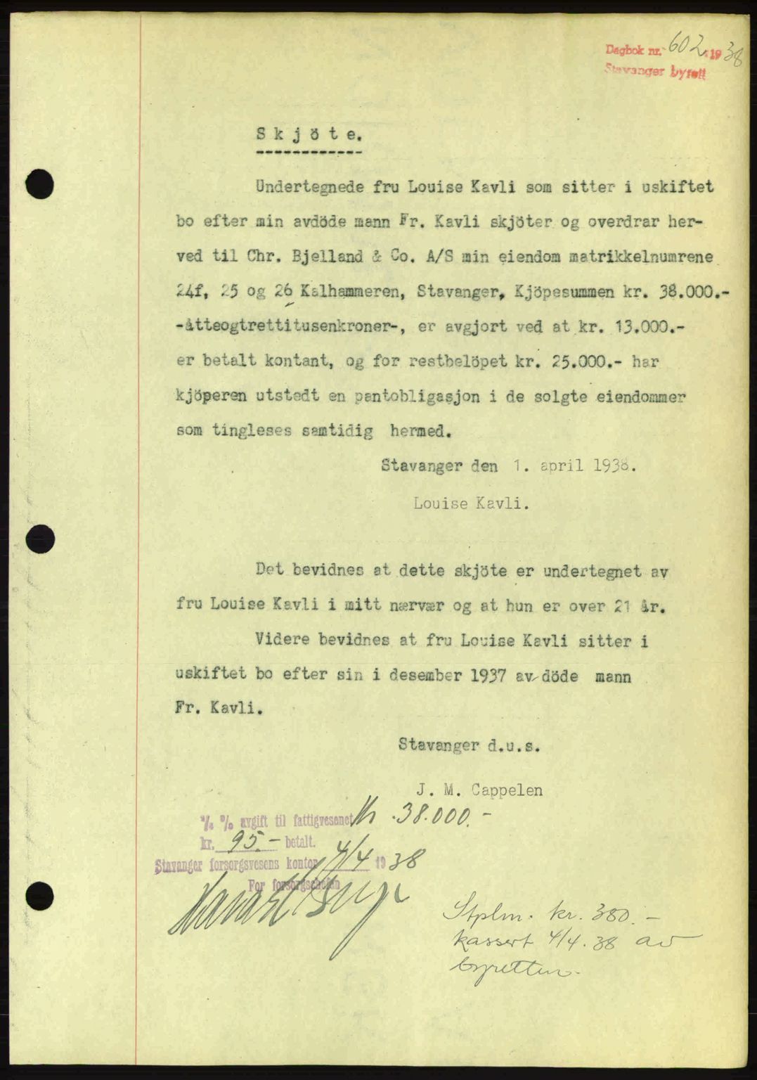 Stavanger byrett, AV/SAST-A-100455/002/G/Gb/L0013: Mortgage book no. A3, 1937-1938, Diary no: : 602/1938