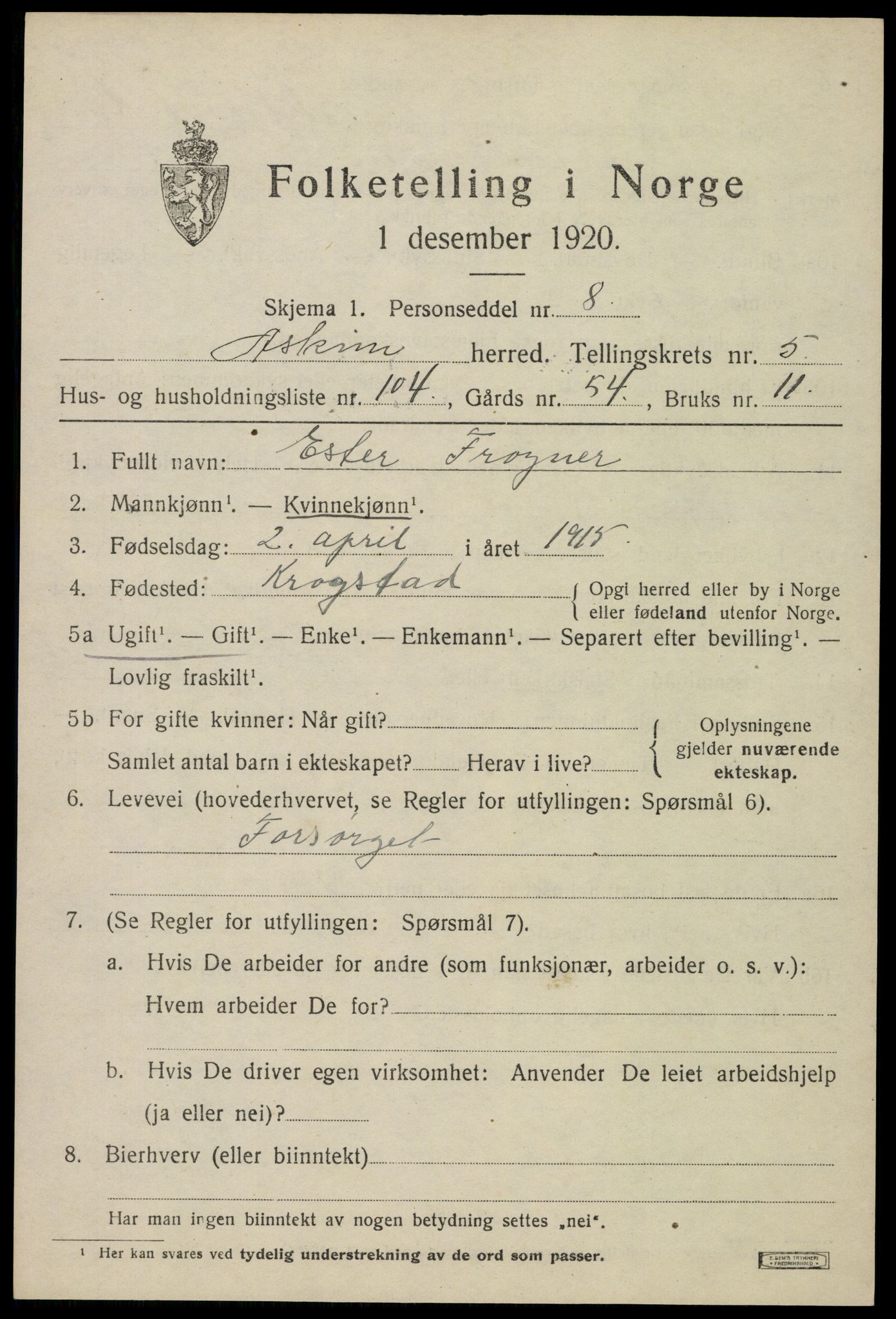 SAO, 1920 census for Askim, 1920, p. 10927