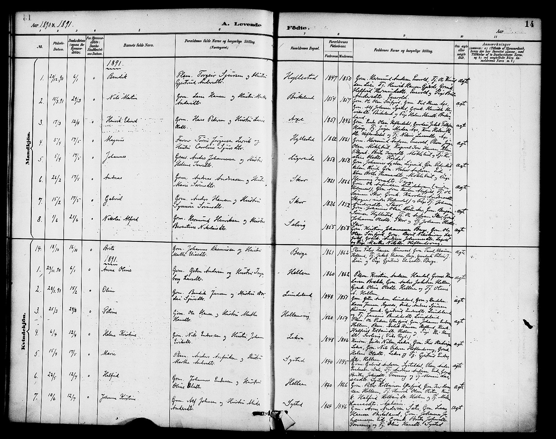 Hyllestad sokneprestembete, SAB/A-80401: Parish register (official) no. B 1, 1886-1904, p. 14