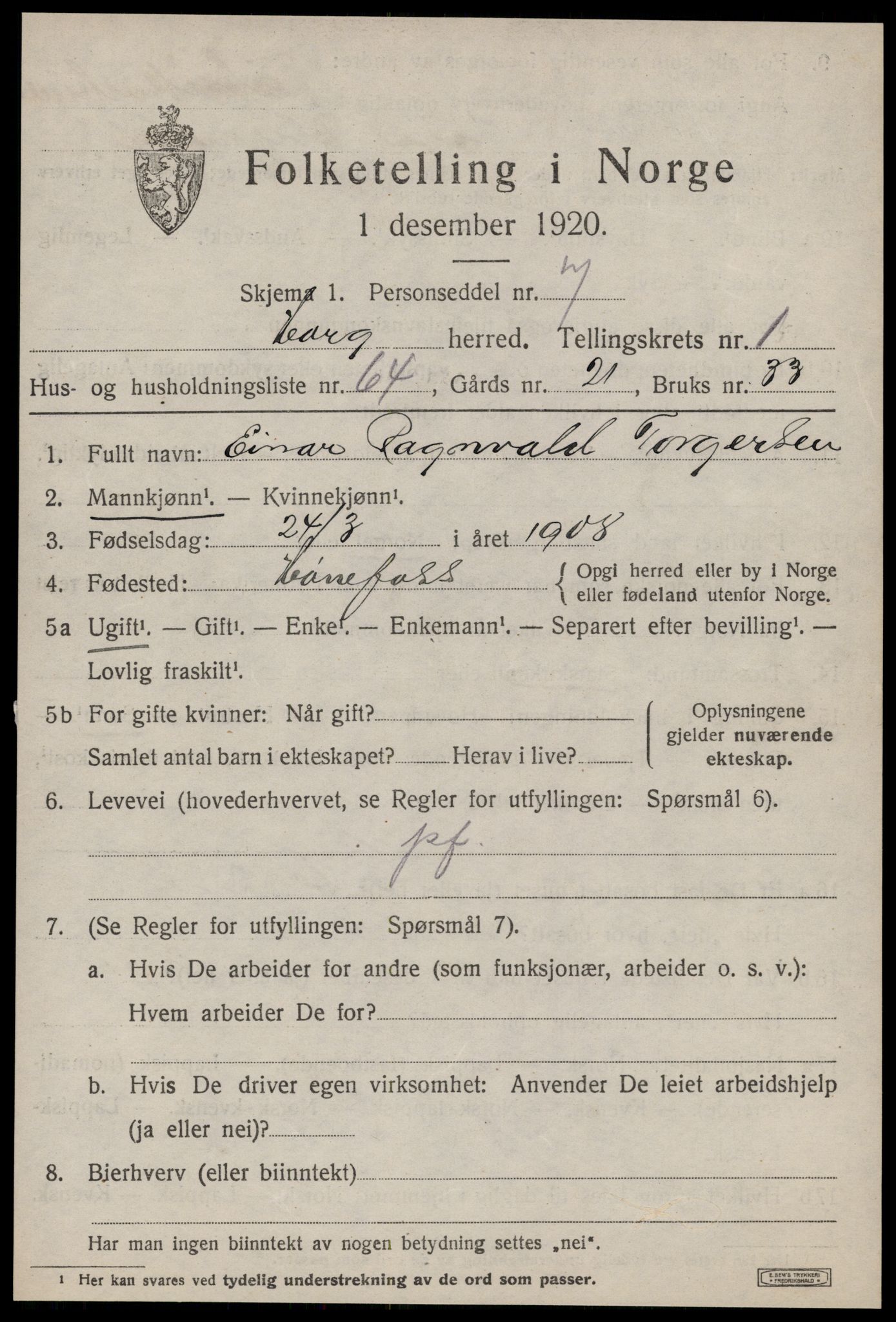 SAT, 1920 census for Horg, 1920, p. 1638