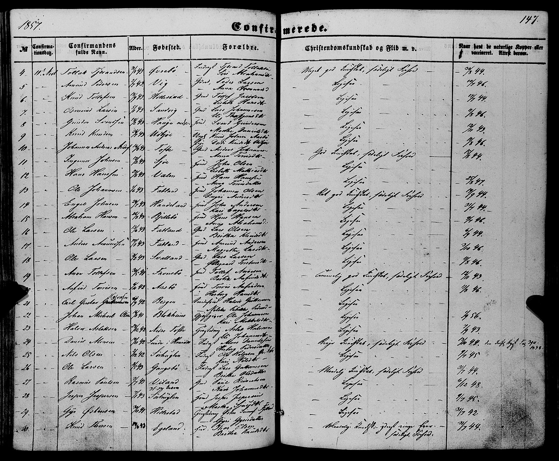 Fjelberg sokneprestembete, SAB/A-75201/H/Haa: Parish register (official) no. A 7, 1851-1867, p. 147