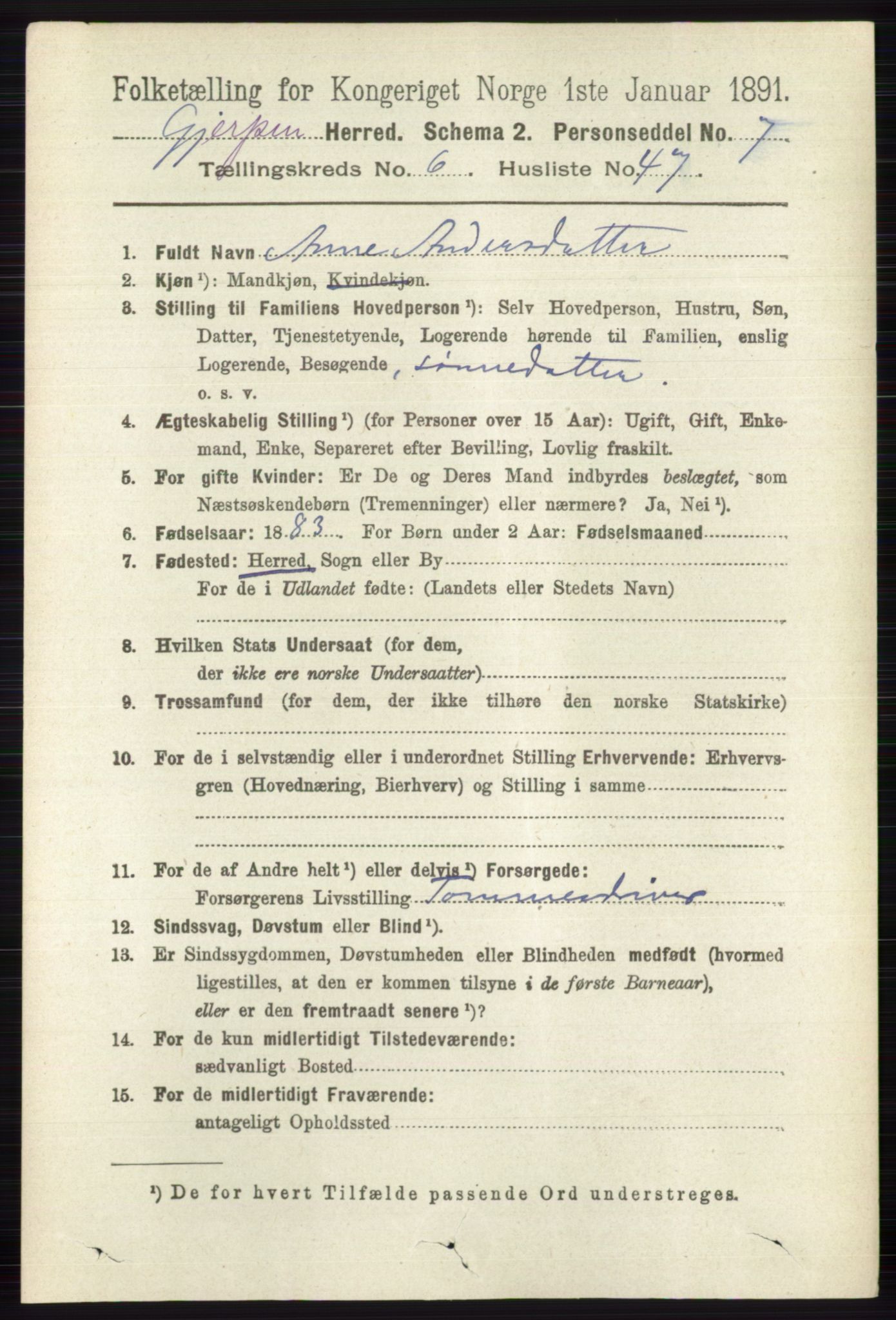 RA, 1891 census for 0812 Gjerpen, 1891, p. 3301