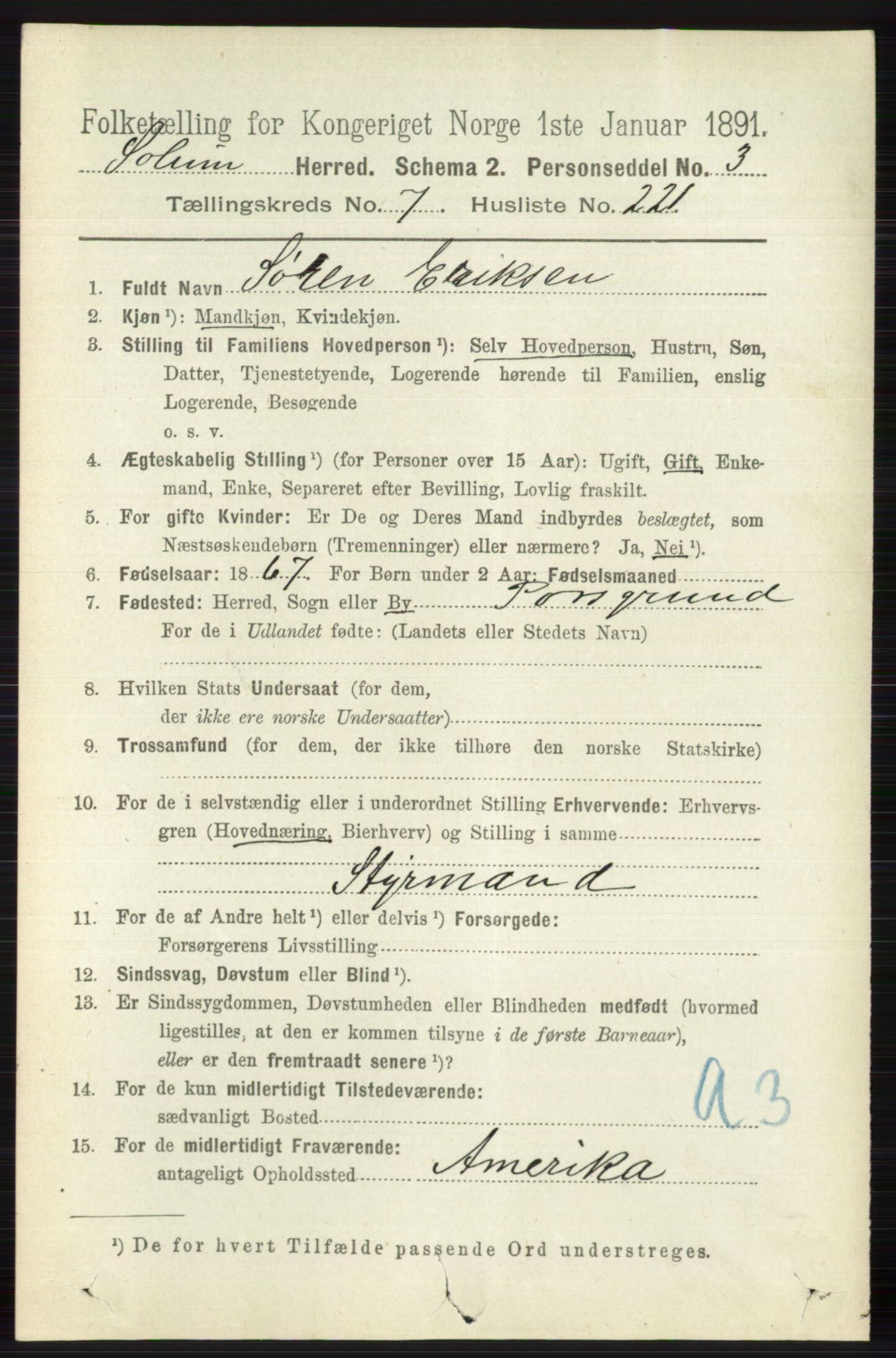 RA, 1891 census for 0818 Solum, 1891, p. 4019