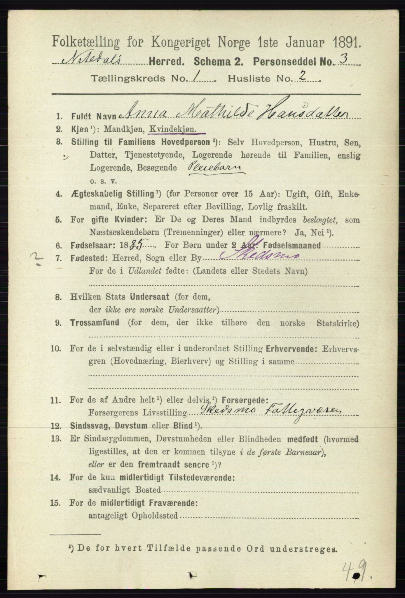 RA, 1891 census for 0233 Nittedal, 1891, p. 99