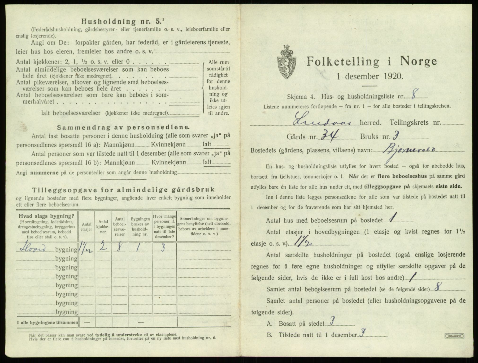 SAB, 1920 census for Lindås, 1920, p. 392