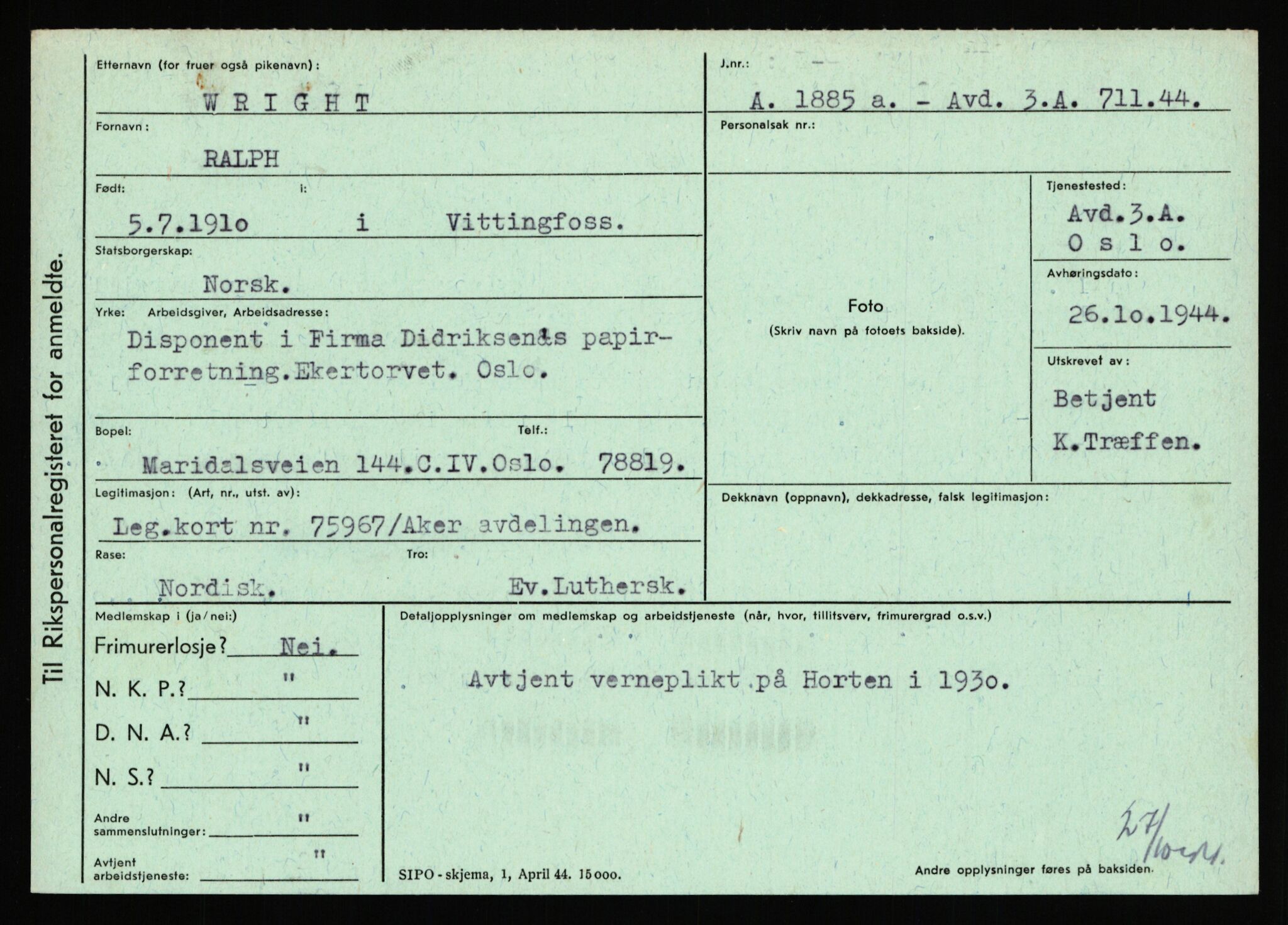 Statspolitiet - Hovedkontoret / Osloavdelingen, AV/RA-S-1329/C/Ca/L0016: Uberg - Øystese, 1943-1945, p. 3156