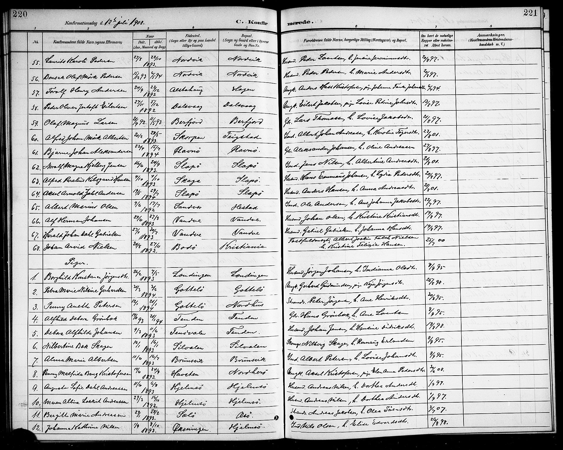 Ministerialprotokoller, klokkerbøker og fødselsregistre - Nordland, SAT/A-1459/834/L0516: Parish register (copy) no. 834C06, 1902-1918, p. 220-221