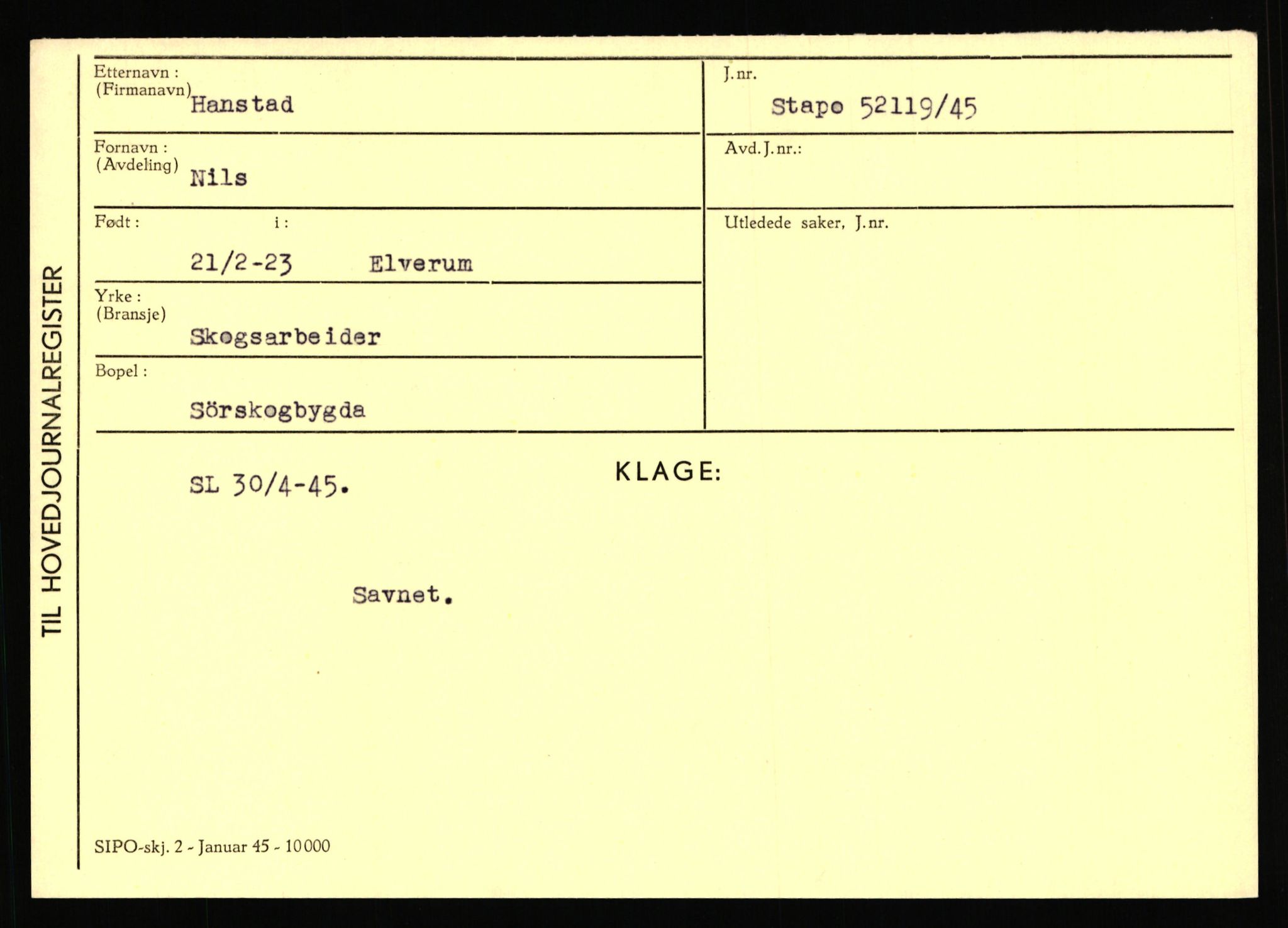 Statspolitiet - Hovedkontoret / Osloavdelingen, AV/RA-S-1329/C/Ca/L0006: Hanche - Hokstvedt, 1943-1945, p. 1774