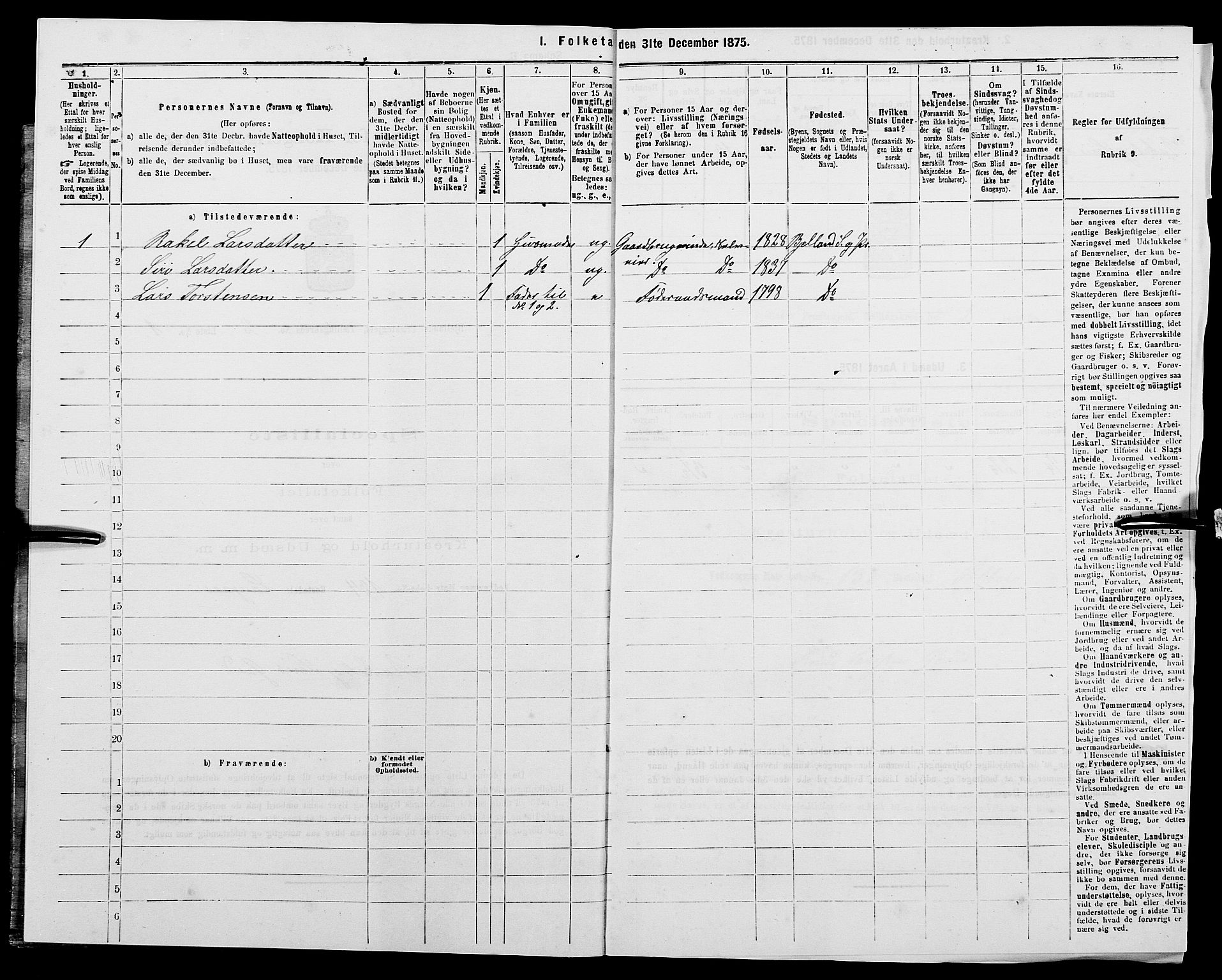 SAK, 1875 census for 1024P Bjelland, 1875, p. 134