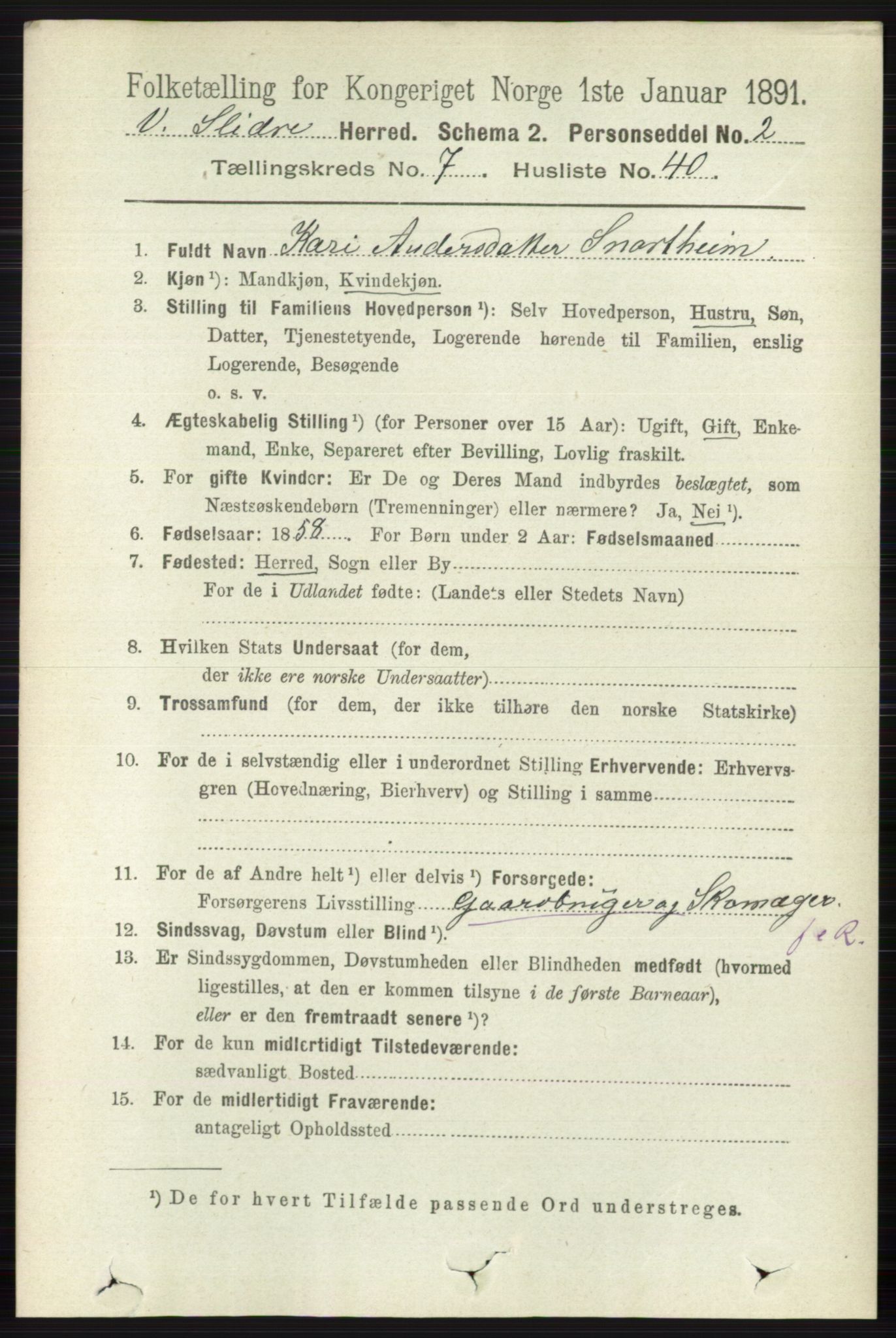 RA, 1891 census for 0543 Vestre Slidre, 1891, p. 2806