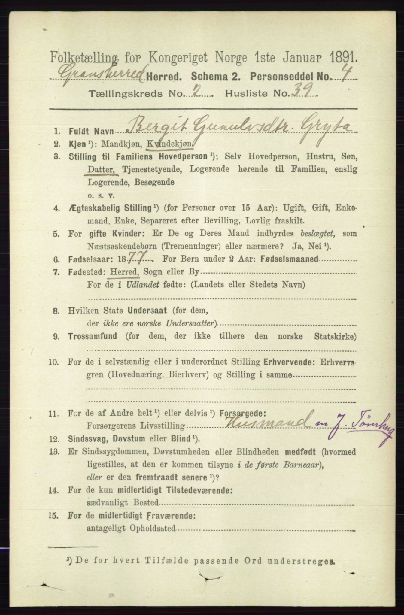 RA, 1891 census for 0824 Gransherad, 1891, p. 475