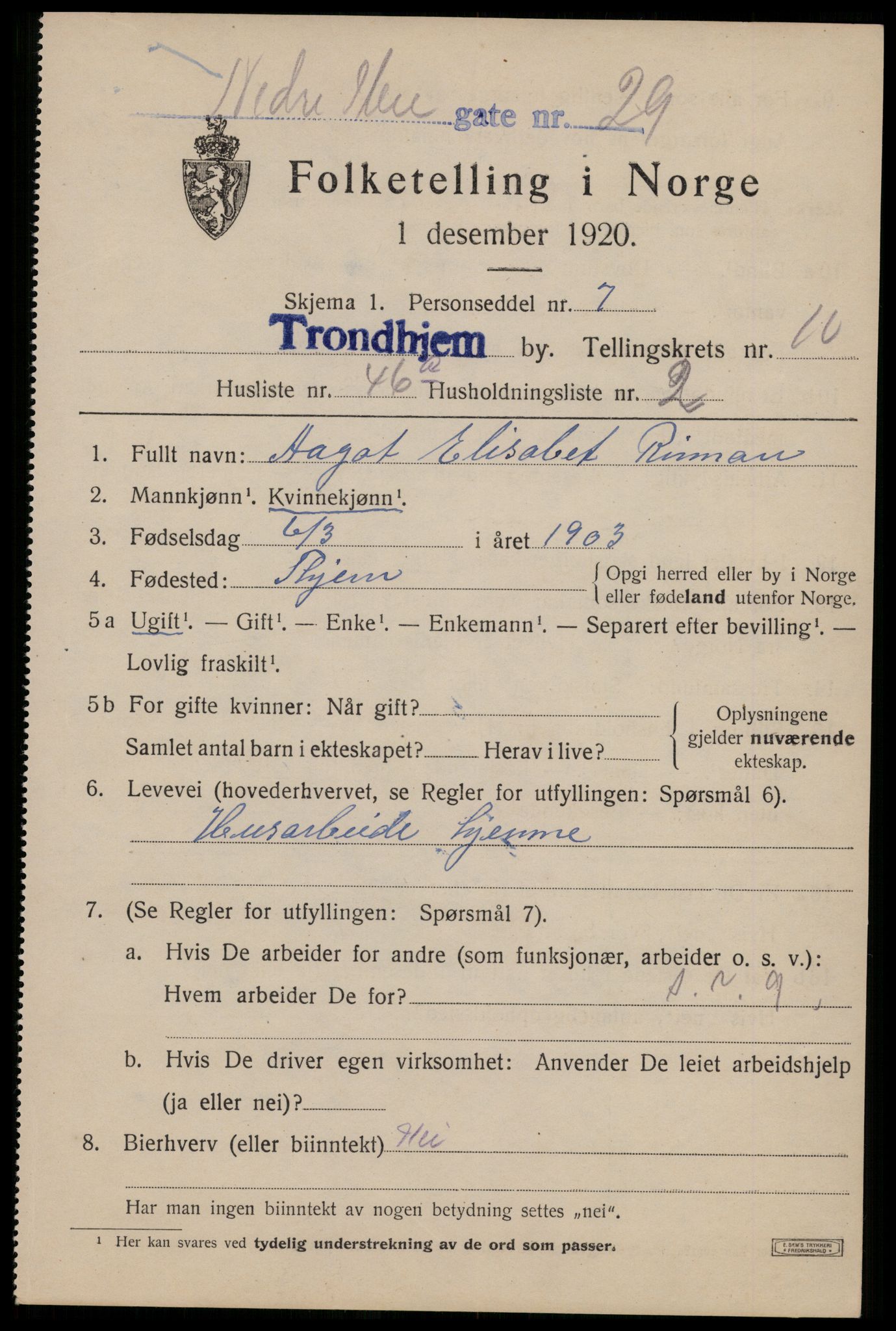 SAT, 1920 census for Trondheim, 1920, p. 46066