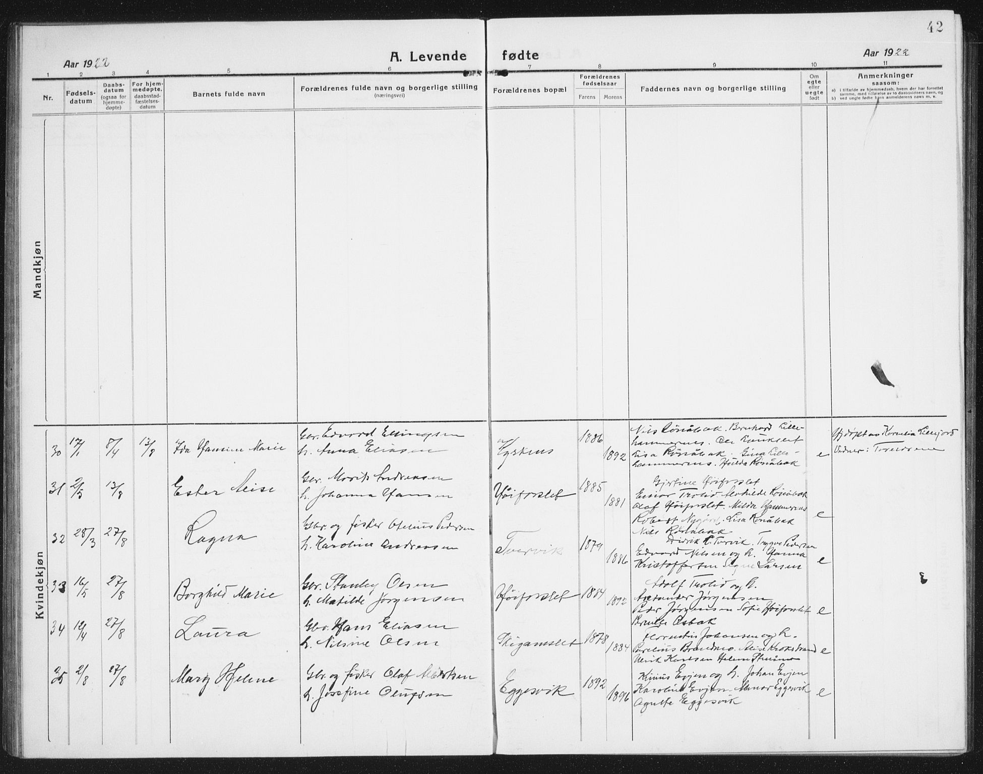 Ministerialprotokoller, klokkerbøker og fødselsregistre - Nordland, SAT/A-1459/846/L0656: Parish register (copy) no. 846C06, 1917-1936, p. 42