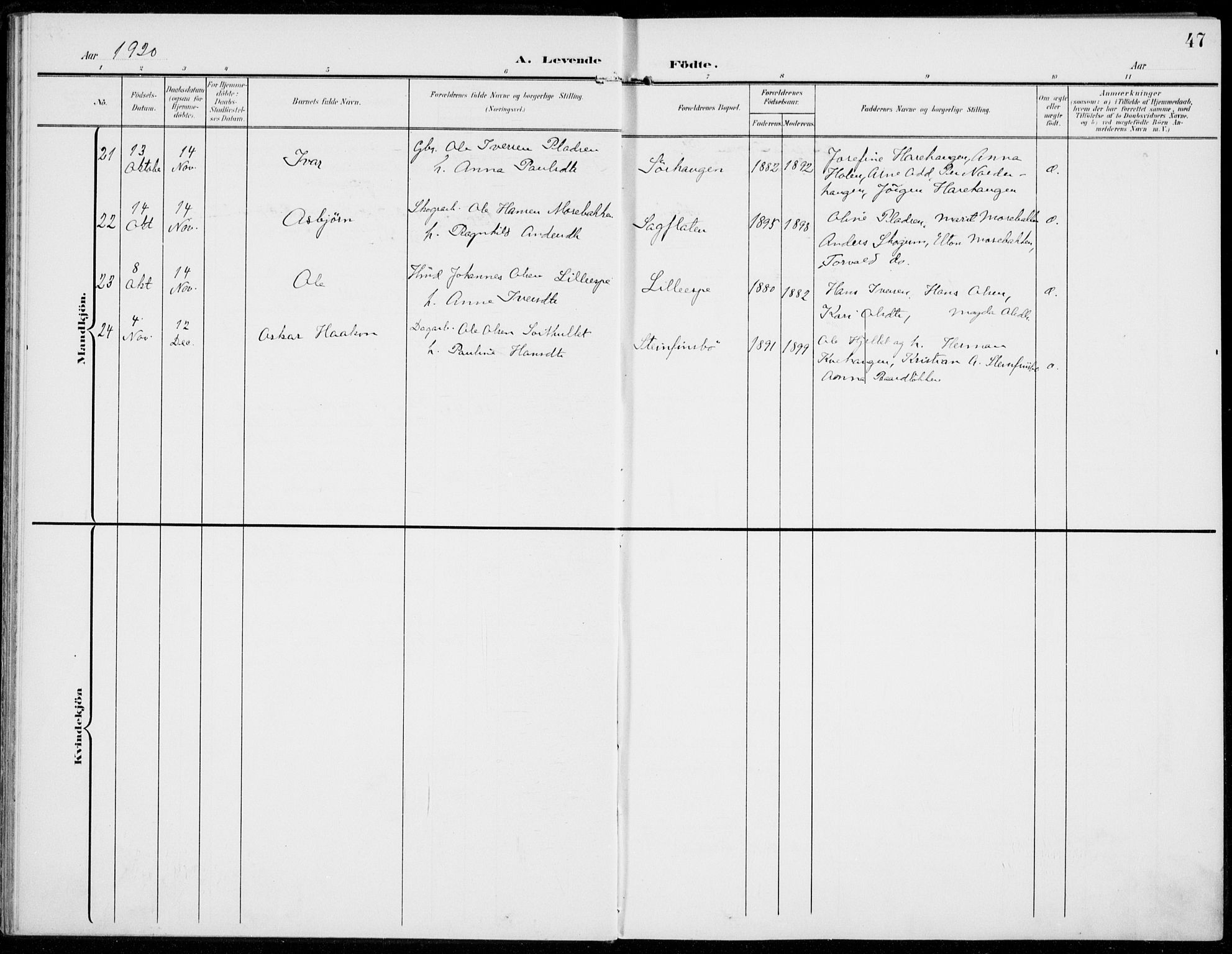 Sel prestekontor, AV/SAH-PREST-074/H/Ha/Haa/L0001: Parish register (official) no. 1, 1905-1922, p. 47