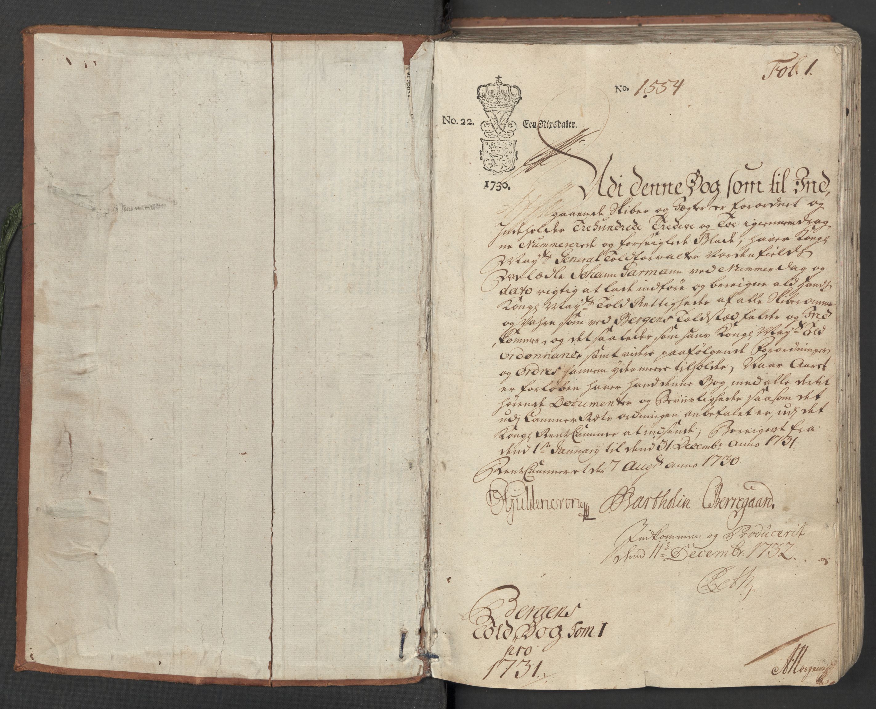 Generaltollkammeret, tollregnskaper, RA/EA-5490/R26/L0016/0001: Tollregnskaper Bergen A / Inngående hovedtollbok, 1731, p. 1a