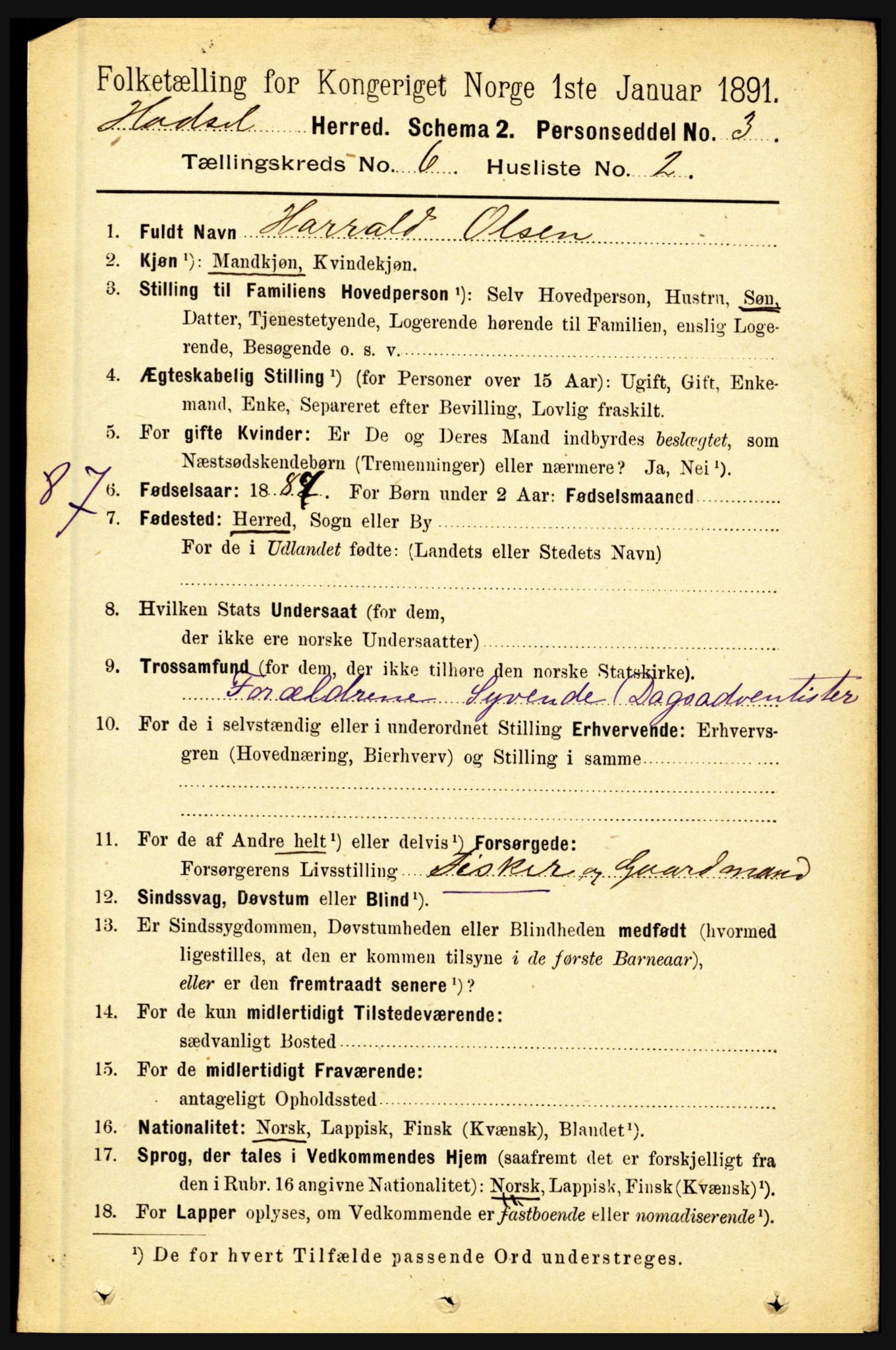 RA, 1891 census for 1866 Hadsel, 1891, p. 2645