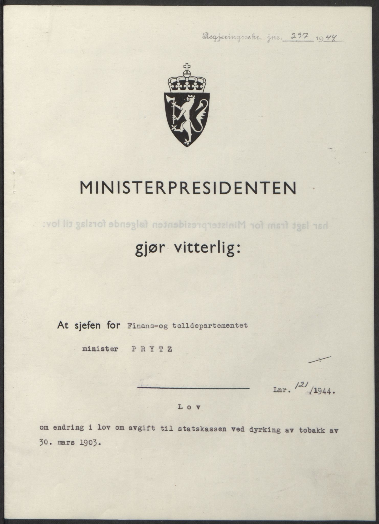 NS-administrasjonen 1940-1945 (Statsrådsekretariatet, de kommisariske statsråder mm), RA/S-4279/D/Db/L0100: Lover, 1944, p. 574