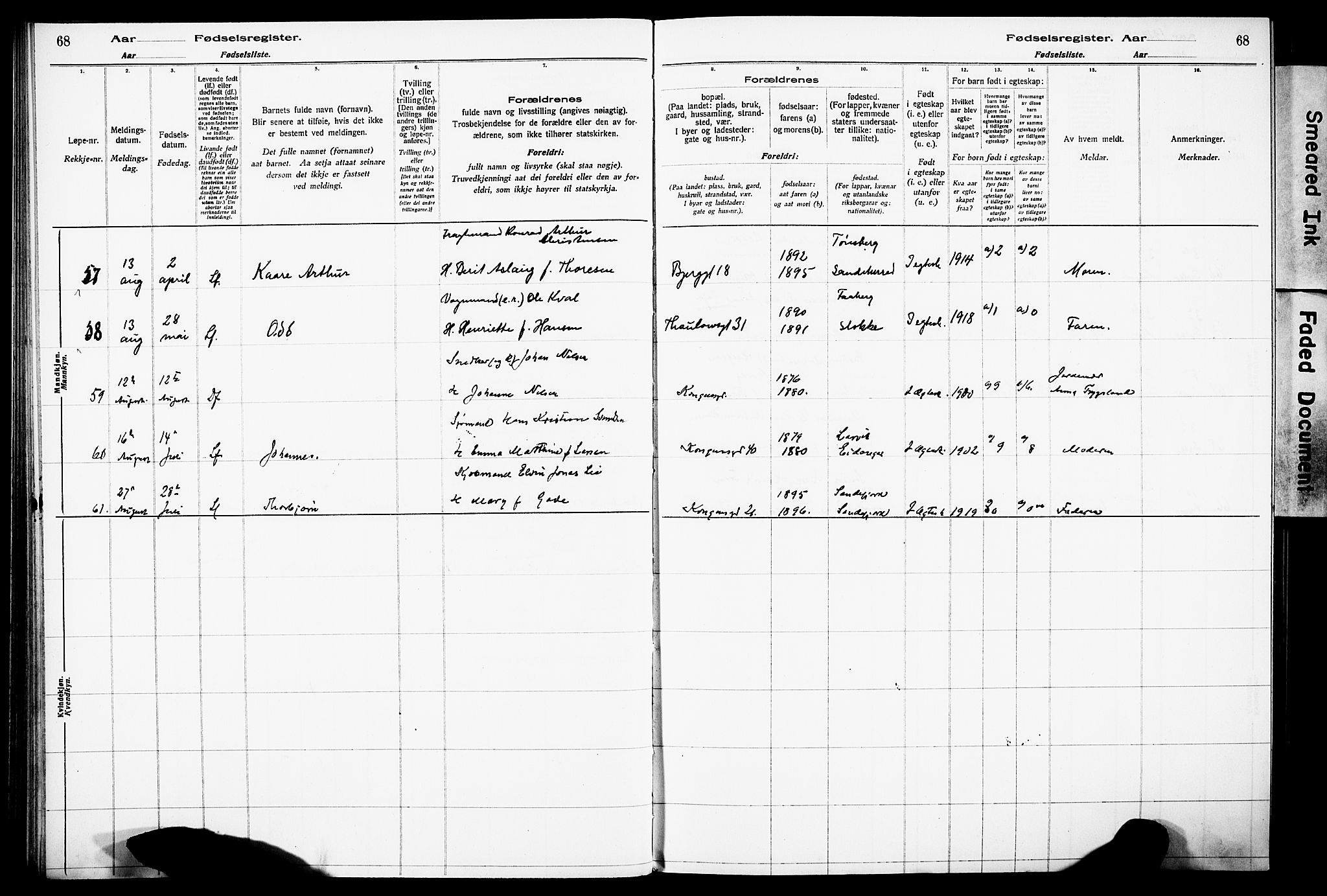 Sandefjord kirkebøker, AV/SAKO-A-315/J/Ja/L0001: Birth register no. 1, 1916-1932, p. 68