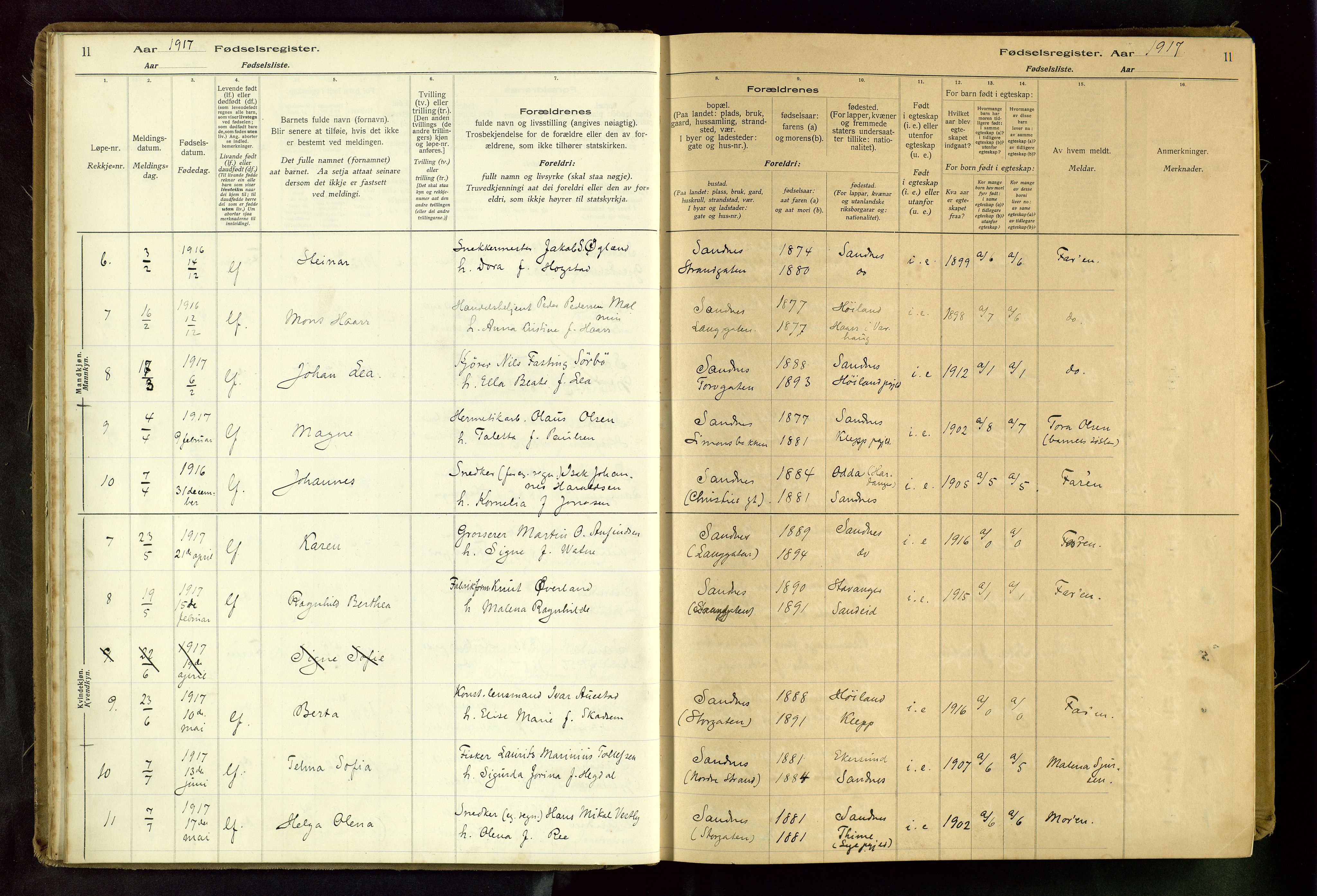 Sandnes sokneprestkontor, SAST/A-101800/704BA/L0001: Birth register no. 1, 1916-1942, p. 11