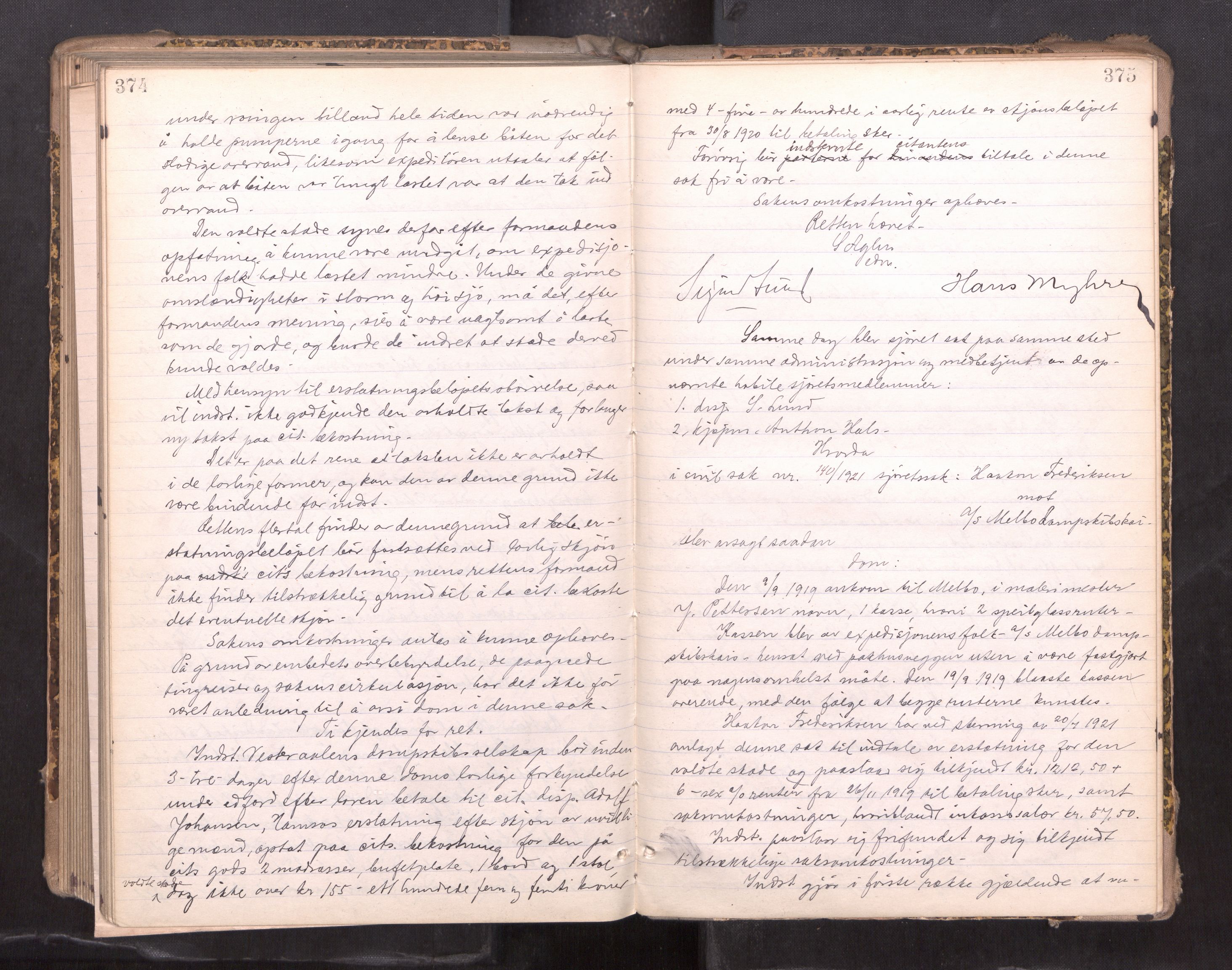 Vesterålen sorenskriveri, AV/SAT-A-4180/1/1/1B/L0033: Ekstrarettsprotokoll, 1919-1923, p. 374-375