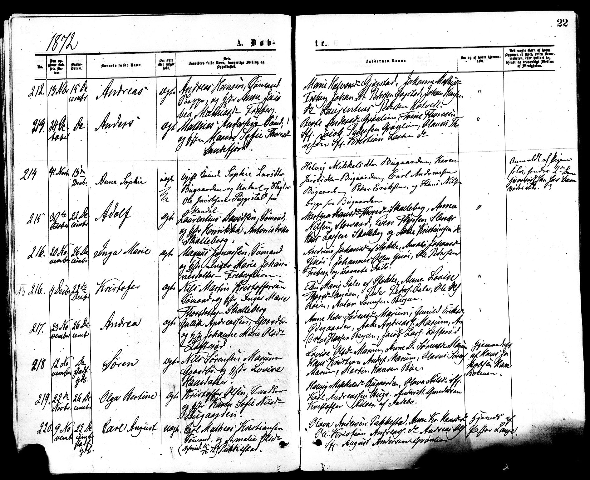 Sandar kirkebøker, SAKO/A-243/F/Fa/L0010: Parish register (official) no. 10, 1872-1882, p. 22