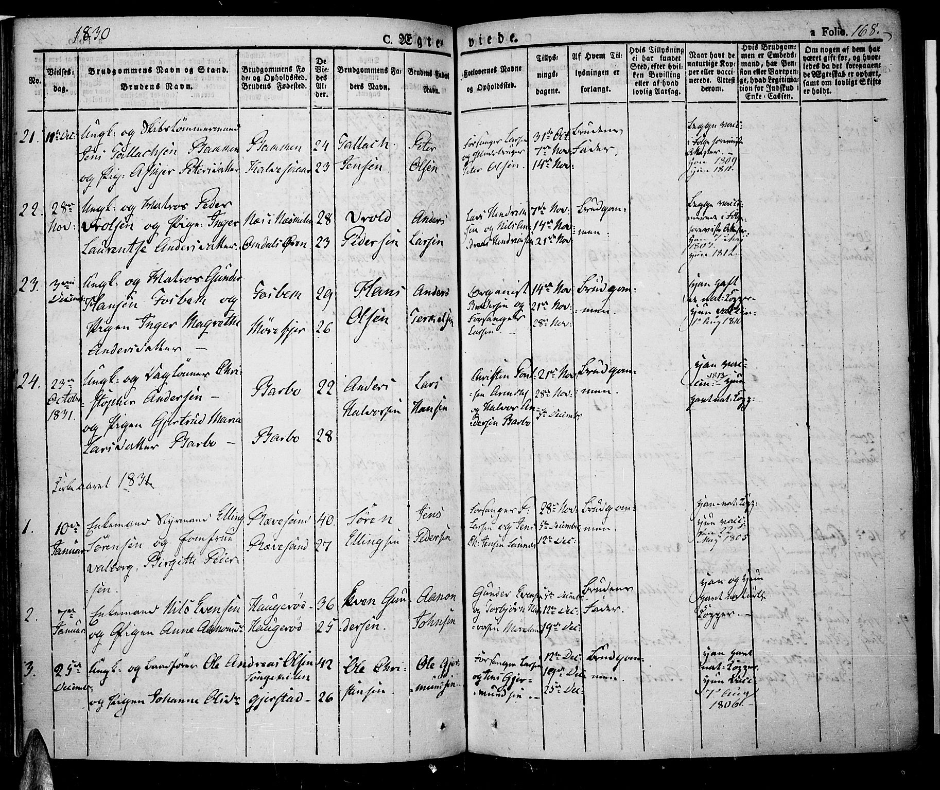 Tromøy sokneprestkontor, SAK/1111-0041/F/Fa/L0003: Parish register (official) no. A 3, 1825-1837, p. 168