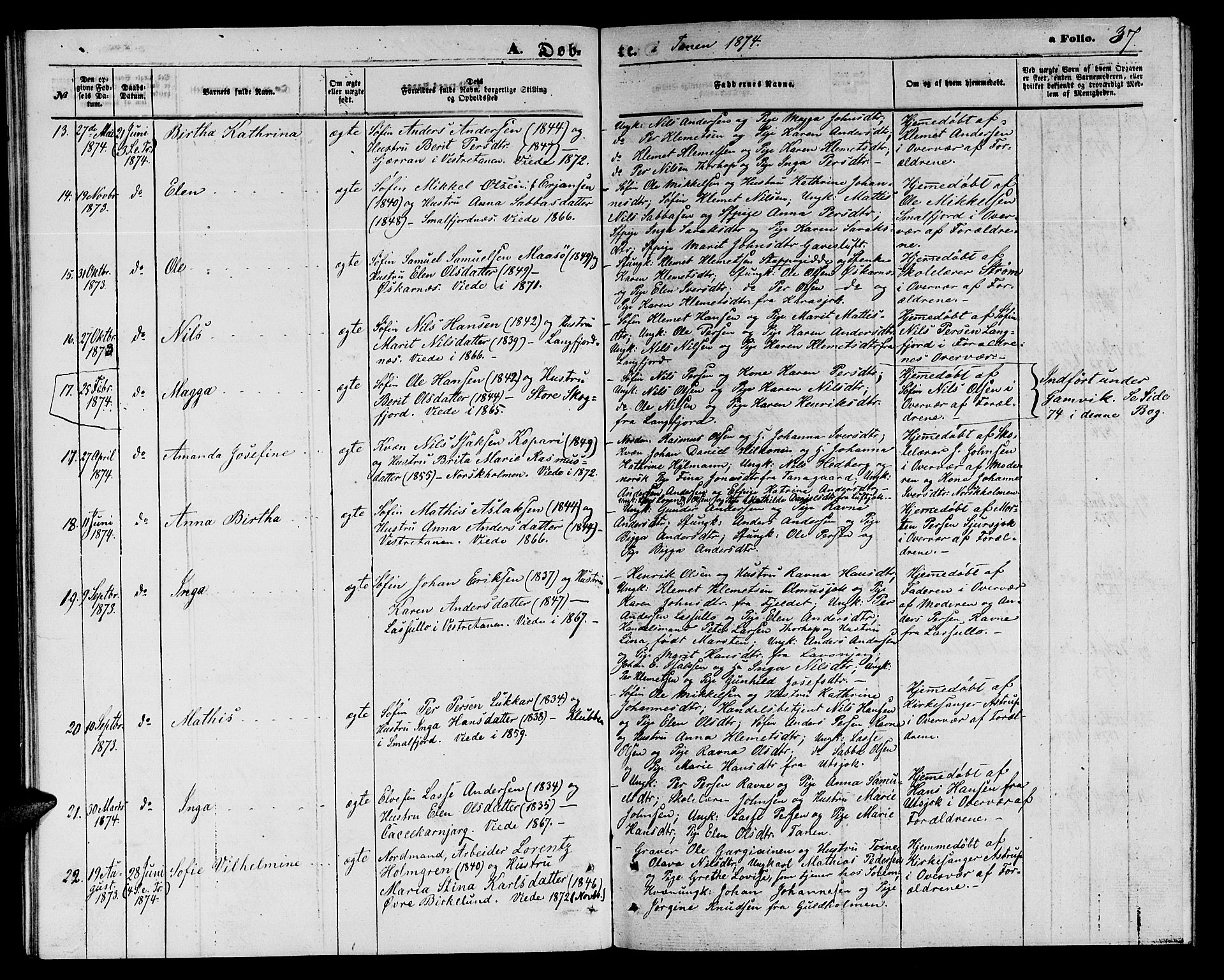 Tana sokneprestkontor, AV/SATØ-S-1334/H/Hb/L0002klokker: Parish register (copy) no. 2 /1, 1866-1877, p. 37