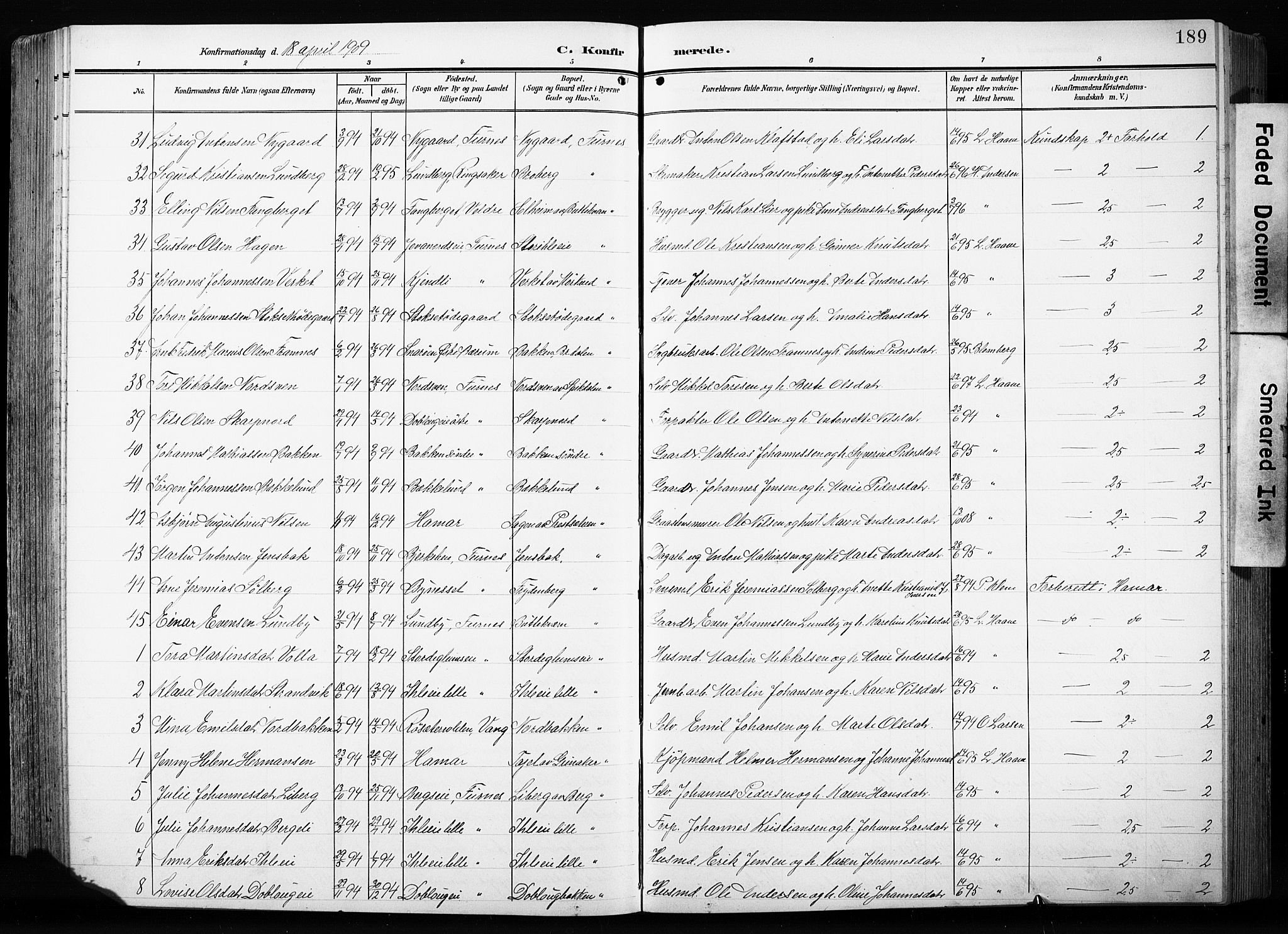 Furnes prestekontor, AV/SAH-PREST-012/L/La/L0001: Parish register (copy) no. 1, 1904-1933, p. 189
