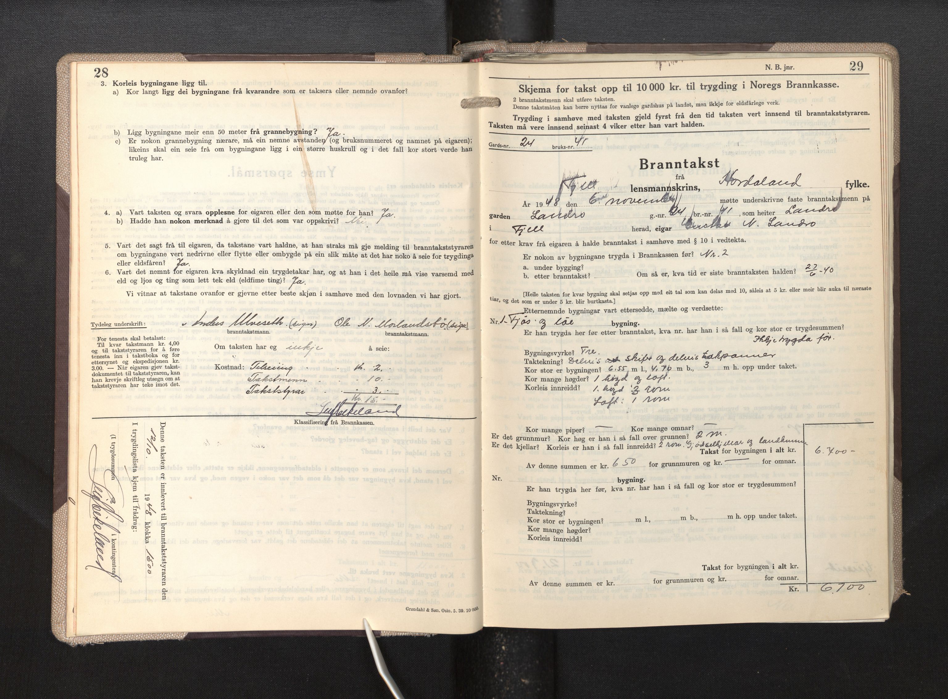 Lensmannen i Fjell, SAB/A-32301/0012/L0007: Branntakstprotokoll, skjematakst, 1946-1955, p. 28-29