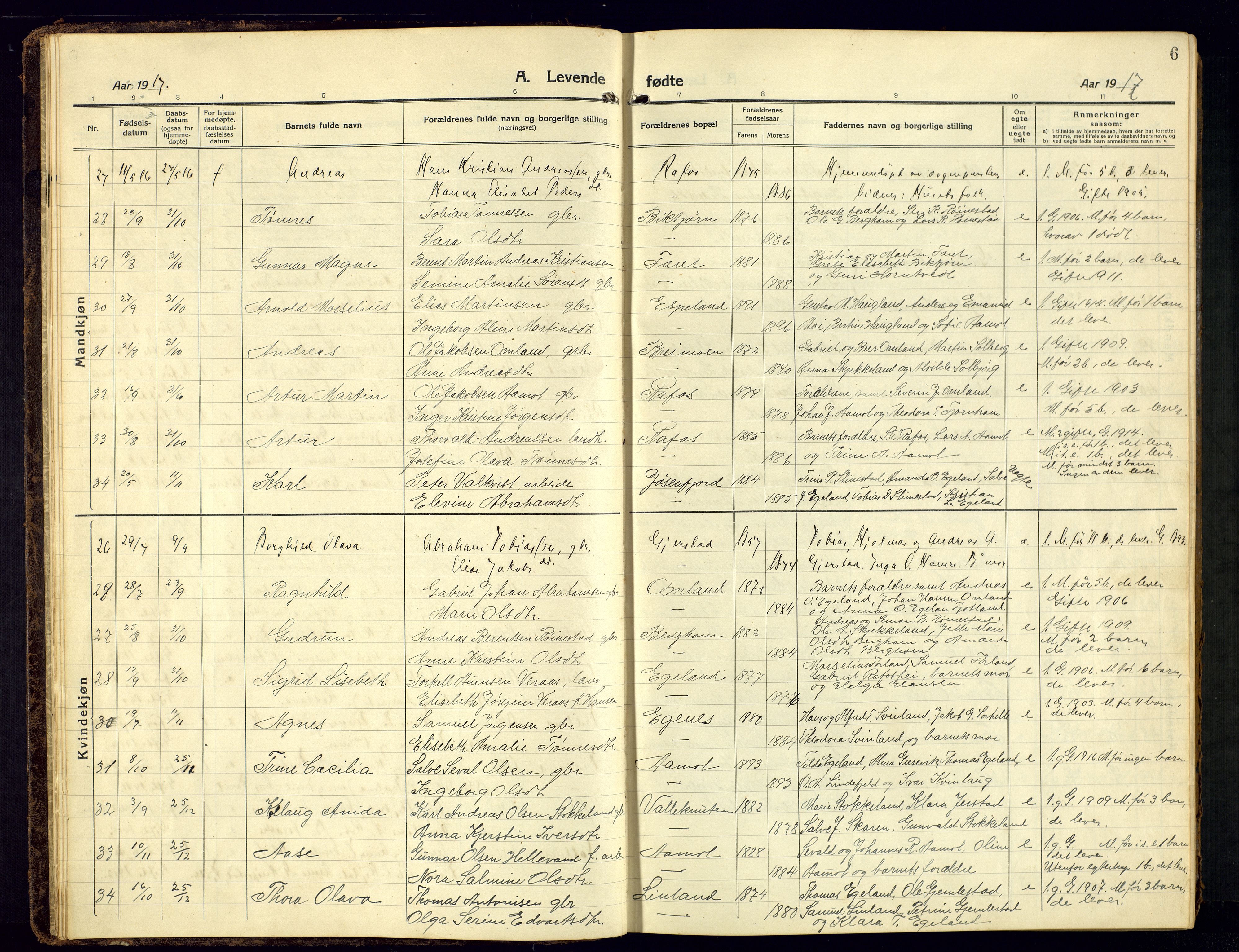 Kvinesdal sokneprestkontor, SAK/1111-0026/F/Fb/Fbb/L0004: Parish register (copy) no. B 4, 1917-1938, p. 6