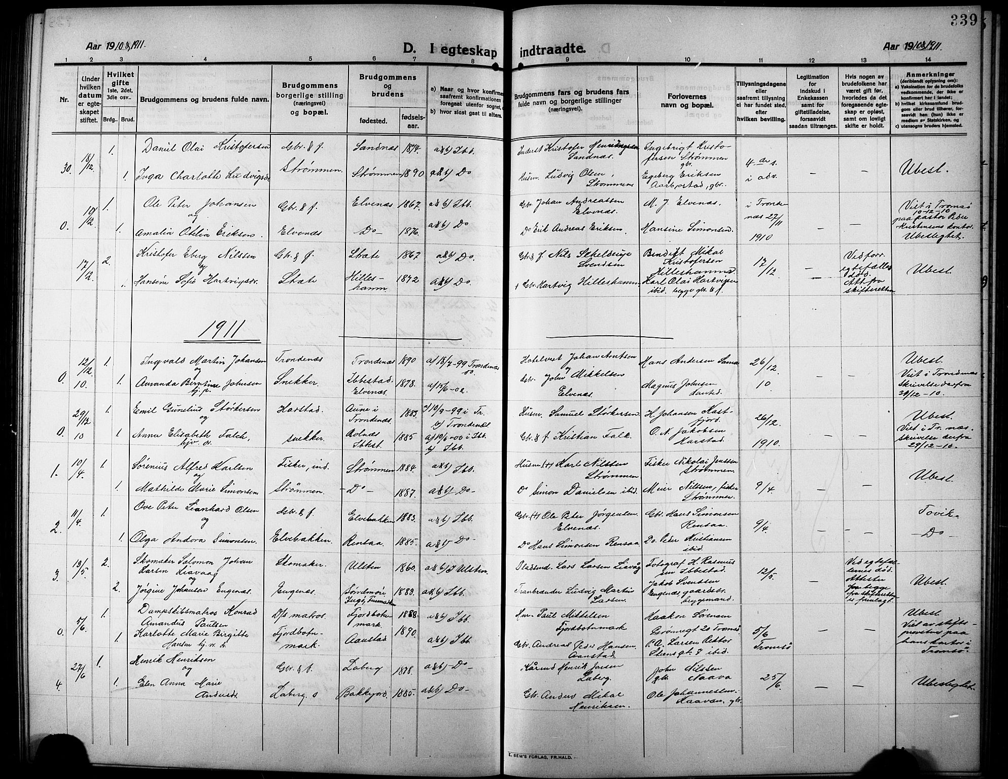 Ibestad sokneprestembete, SATØ/S-0077/H/Ha/Hab/L0009klokker: Parish register (copy) no. 9, 1902-1914, p. 339