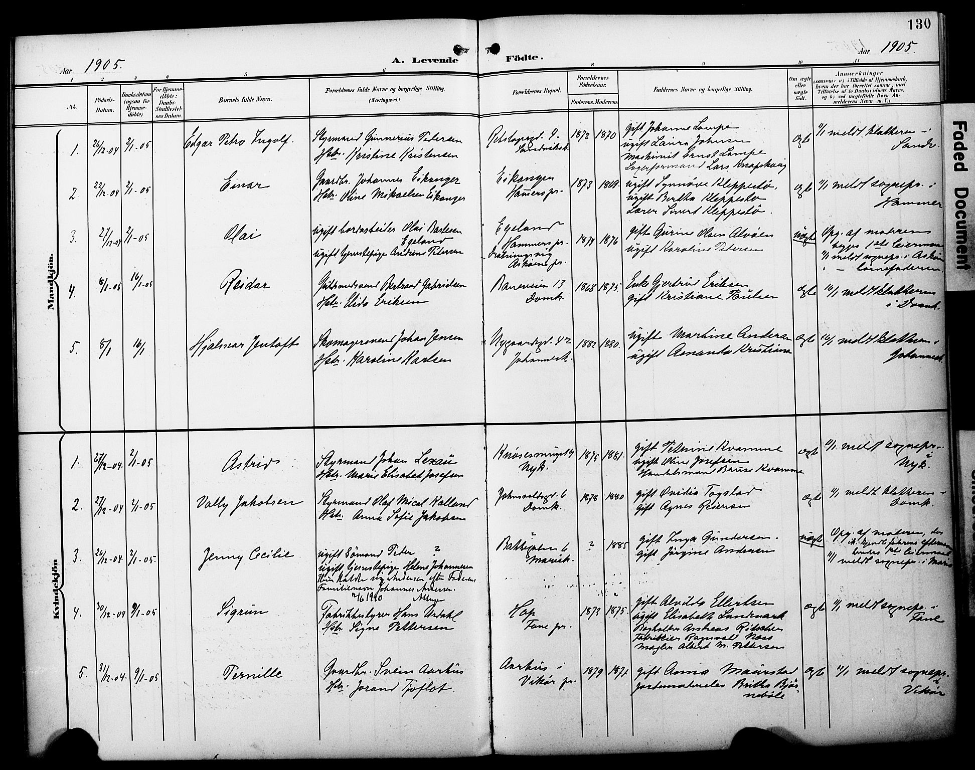 Fødselsstiftelsens sokneprestembete*, SAB/-: Parish register (official) no. A 3, 1901-1910, p. 130