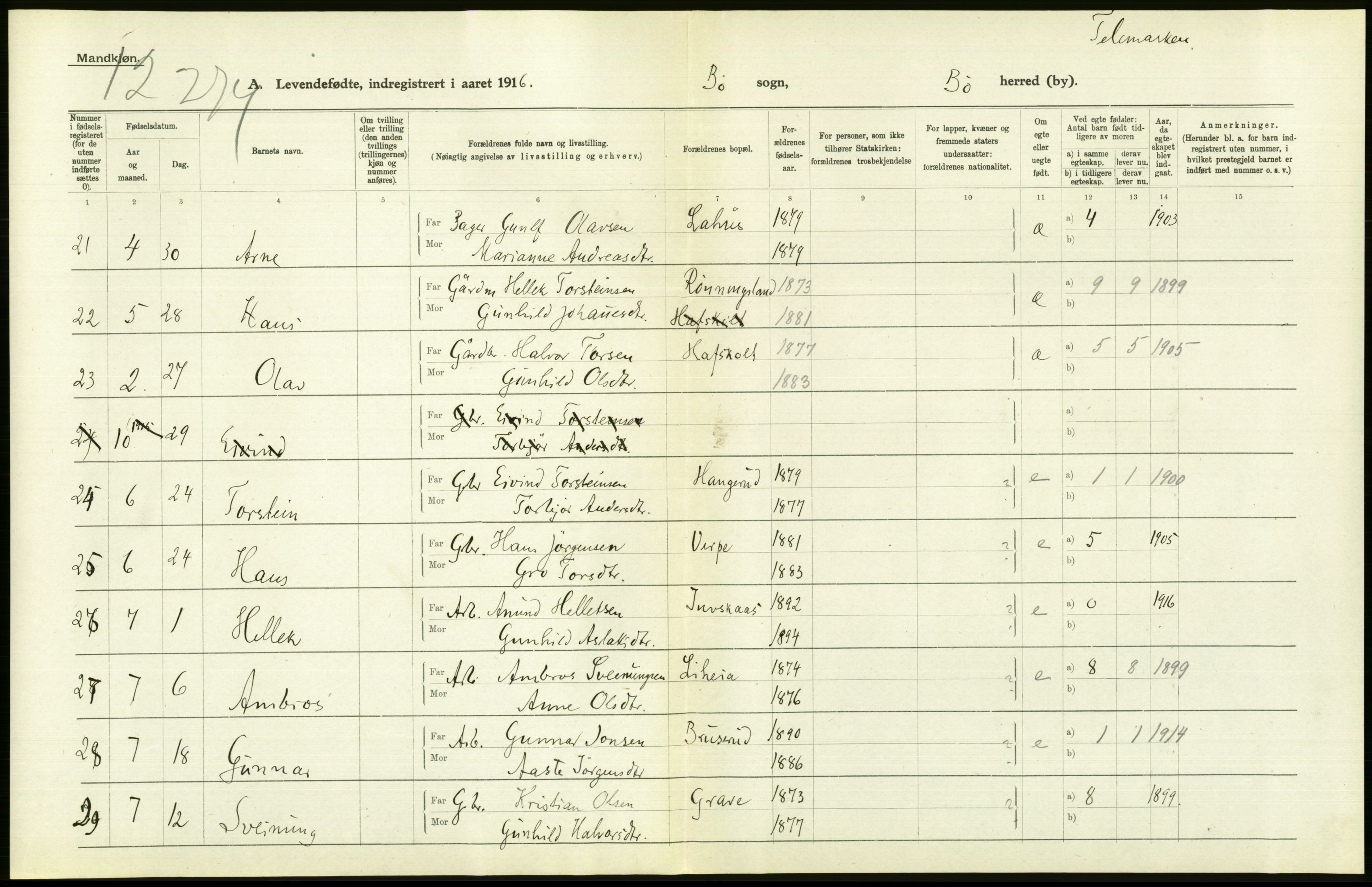 Statistisk sentralbyrå, Sosiodemografiske emner, Befolkning, AV/RA-S-2228/D/Df/Dfb/Dfbf/L0022: Bratsberg amt: Levendefødte menn og kvinner. Bygder., 1916, p. 280