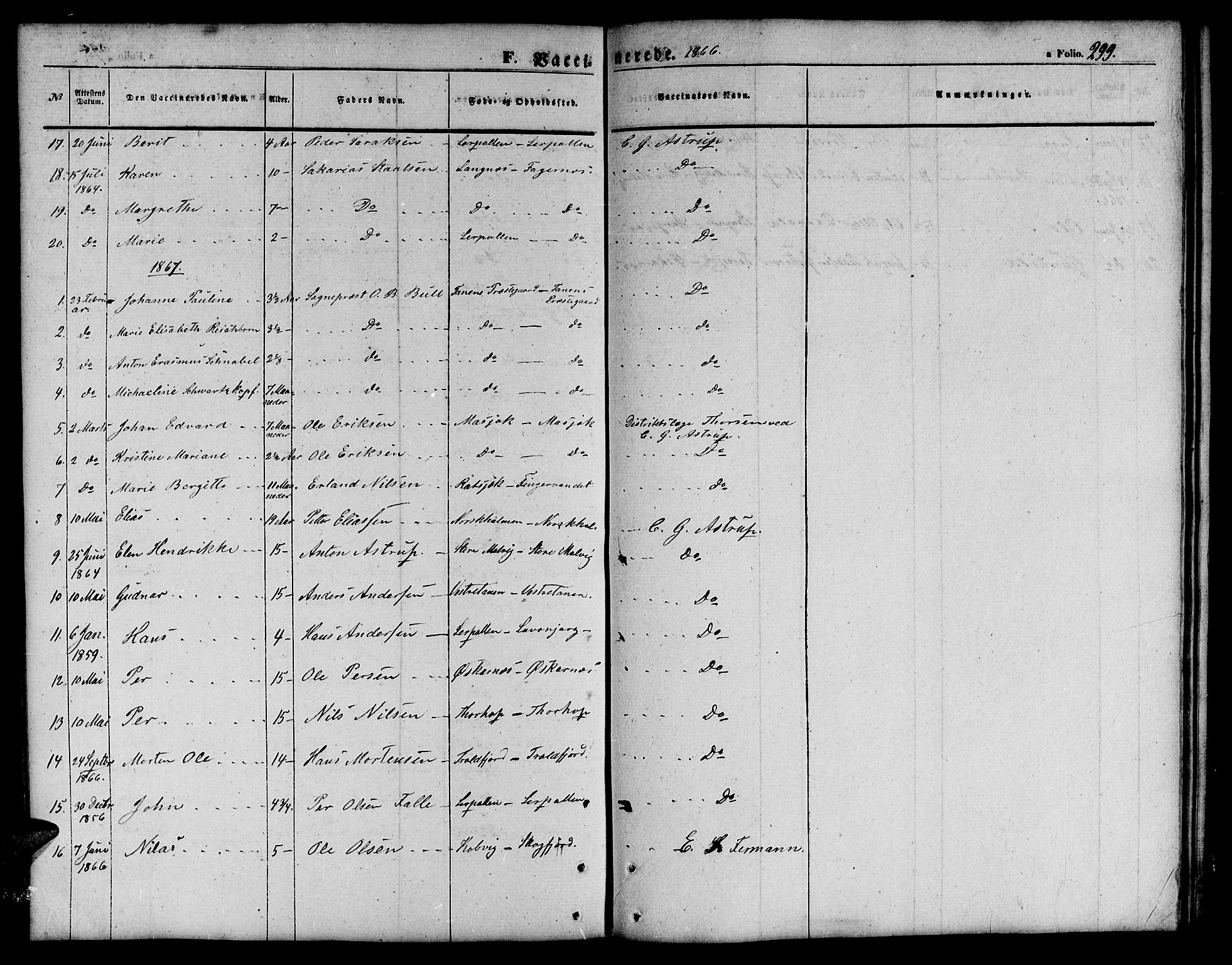 Tana sokneprestkontor, SATØ/S-1334/H/Hb/L0001klokker: Parish register (copy) no. 1 /1, 1853-1867, p. 299