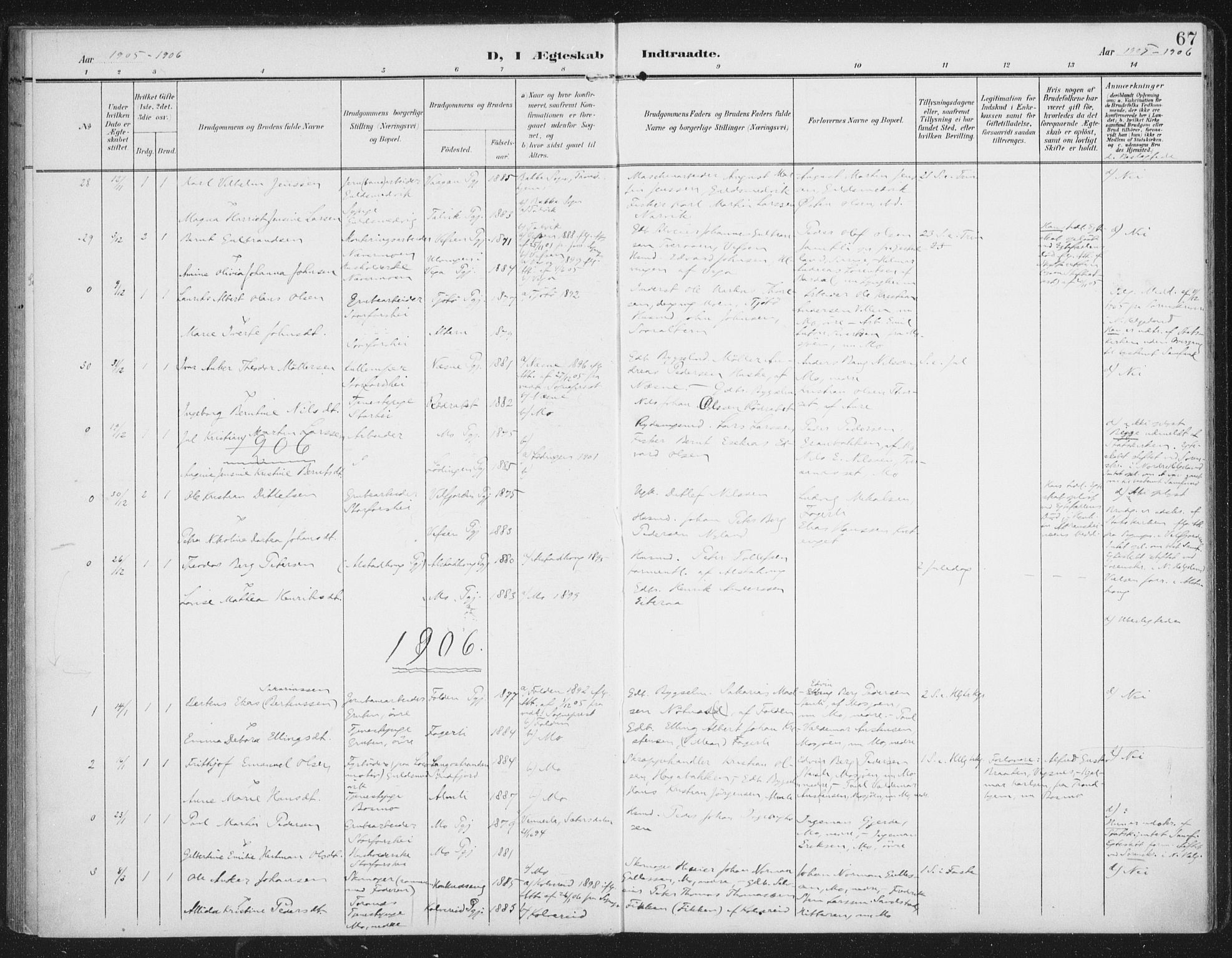 Ministerialprotokoller, klokkerbøker og fødselsregistre - Nordland, SAT/A-1459/827/L0403: Parish register (official) no. 827A15, 1903-1912, p. 67