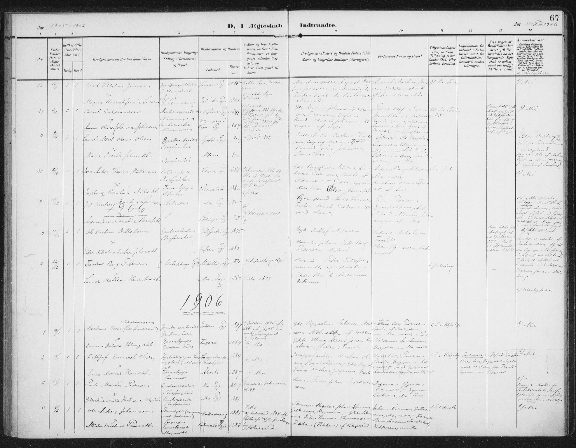 Ministerialprotokoller, klokkerbøker og fødselsregistre - Nordland, AV/SAT-A-1459/827/L0403: Parish register (official) no. 827A15, 1903-1912, p. 67