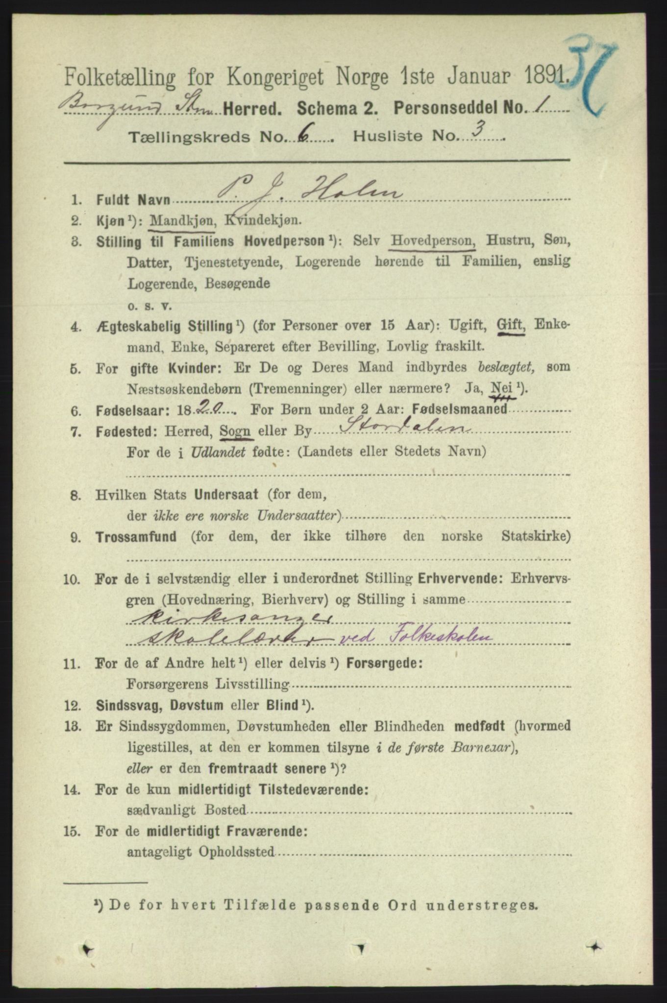 RA, 1891 census for 1531 Borgund, 1891, p. 1580