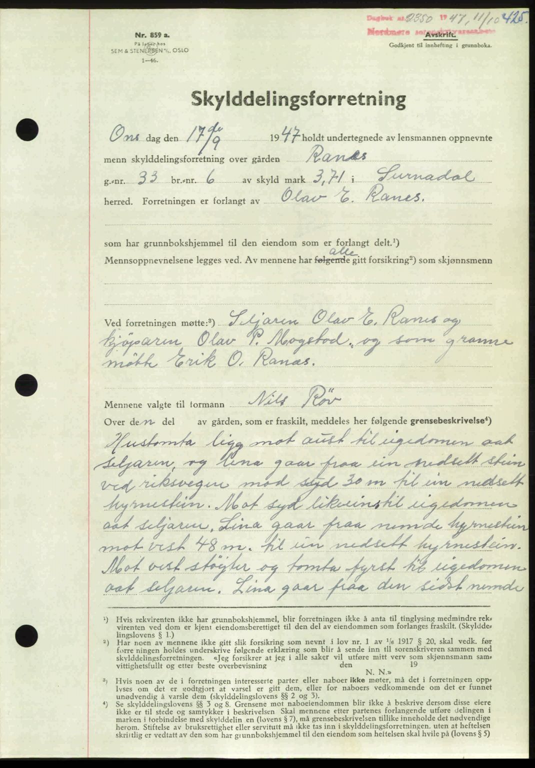 Nordmøre sorenskriveri, AV/SAT-A-4132/1/2/2Ca: Mortgage book no. A106, 1947-1947, Diary no: : 2350/1947