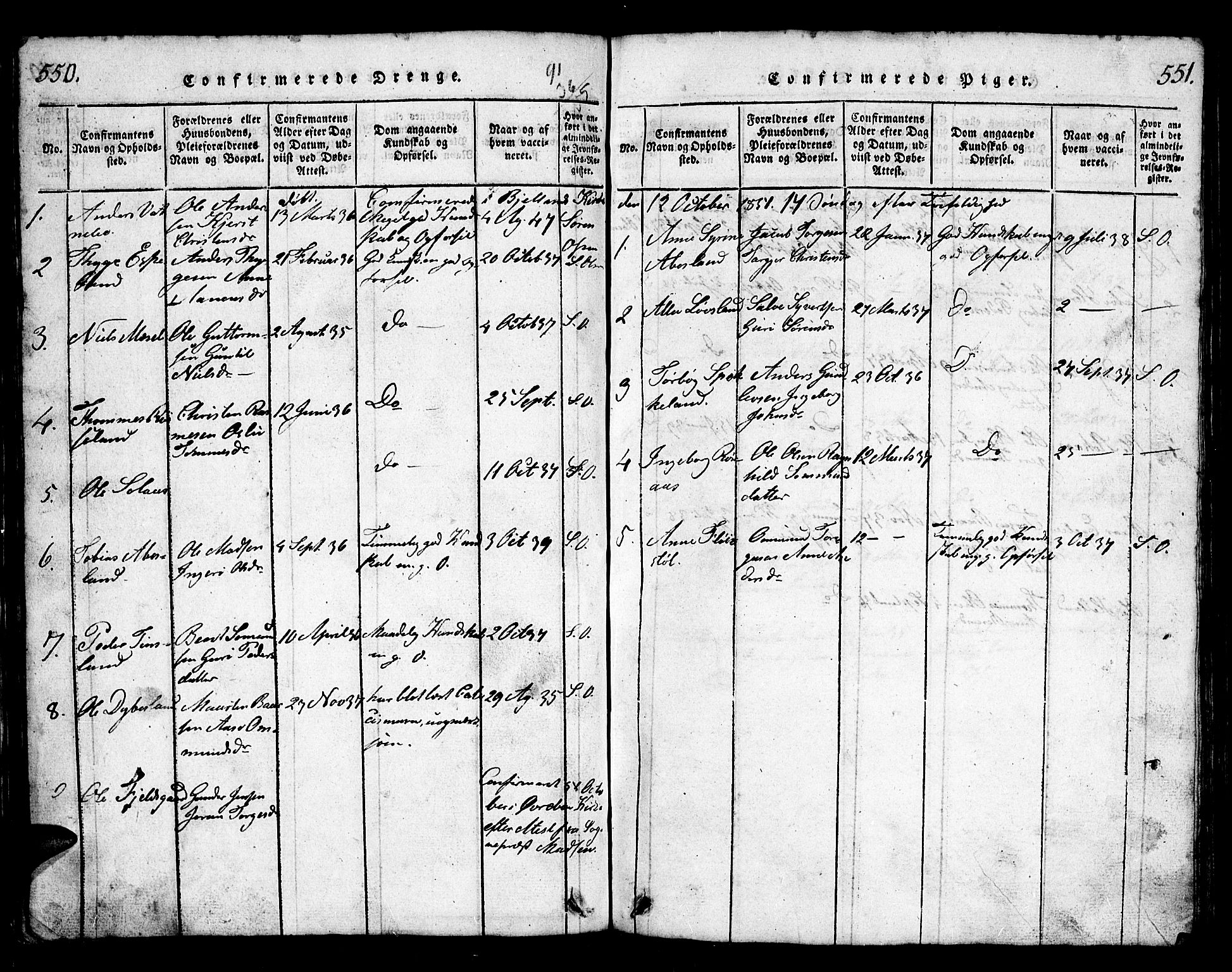 Bjelland sokneprestkontor, SAK/1111-0005/F/Fb/Fbb/L0003: Parish register (copy) no. B 3, 1816-1868, p. 550-551