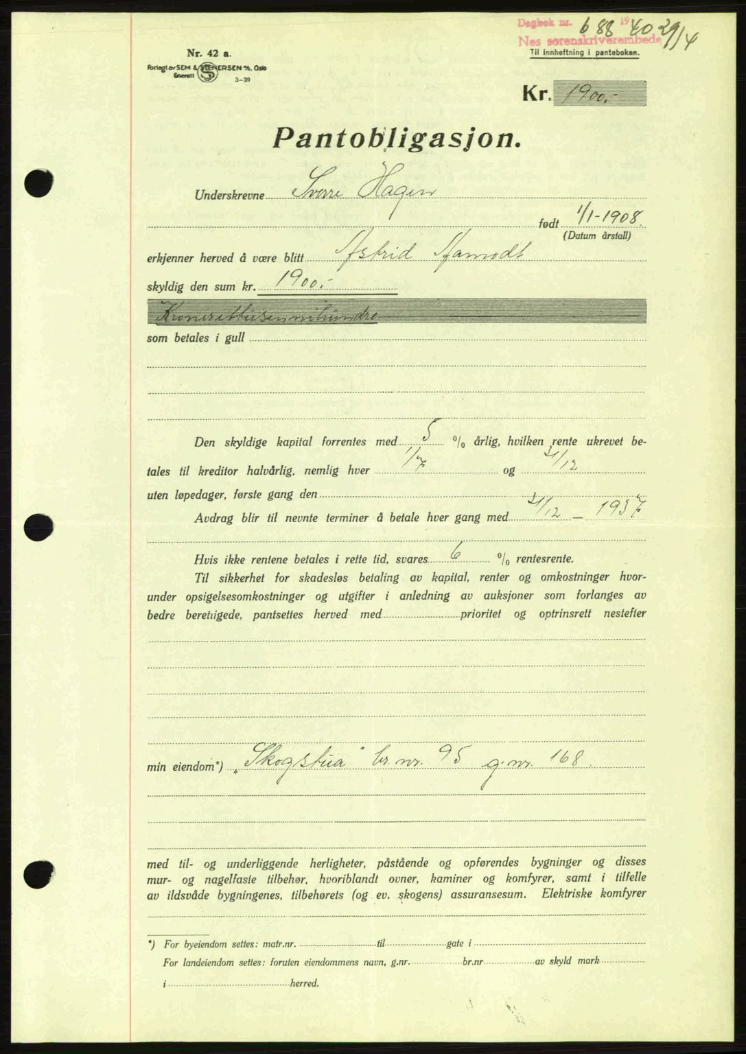 Nes tingrett, SAO/A-10548/G/Gb/Gbb/L0010: Mortgage book no. 54, 1939-1940, Diary no: : 688/1940