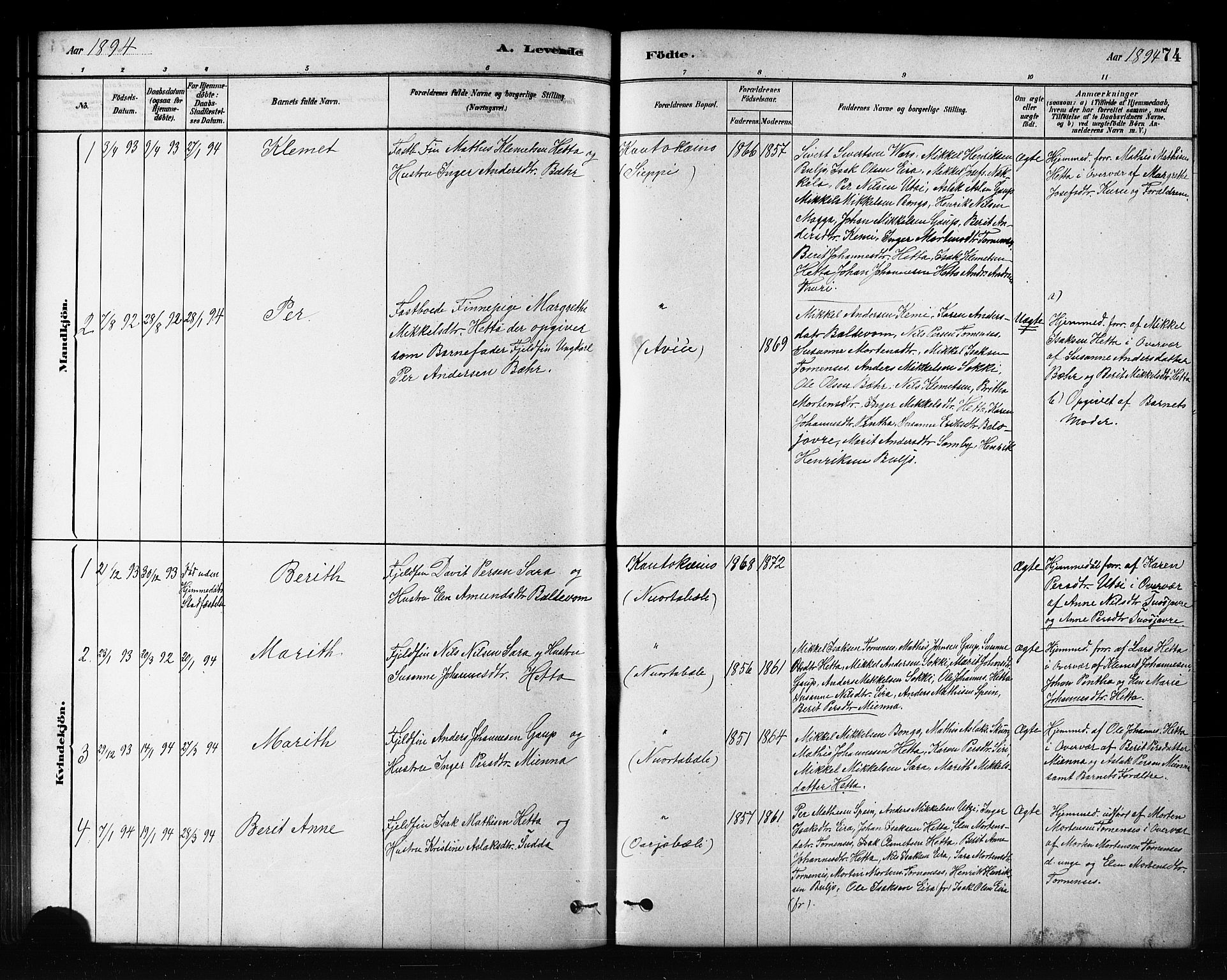Kautokeino sokneprestembete, SATØ/S-1340/H/Hb/L0002.klokk: Parish register (copy) no. 2, 1877-1896, p. 74