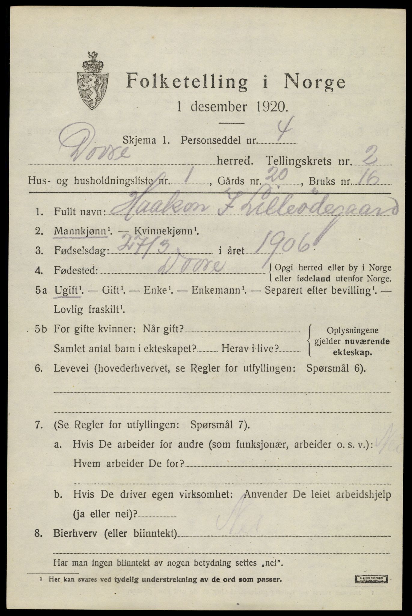 SAH, 1920 census for Dovre, 1920, p. 2408