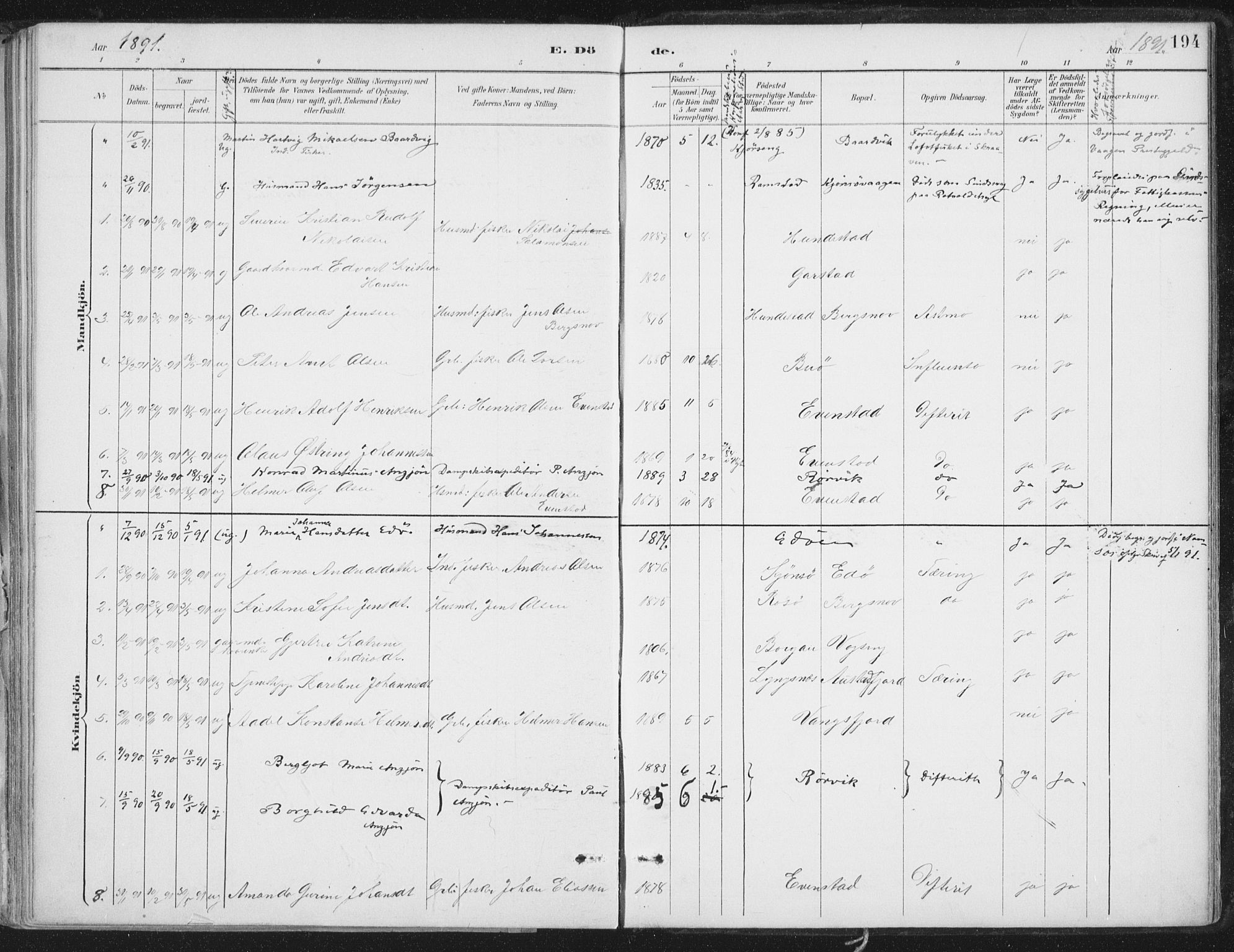 Ministerialprotokoller, klokkerbøker og fødselsregistre - Nord-Trøndelag, SAT/A-1458/786/L0687: Parish register (official) no. 786A03, 1888-1898, p. 194