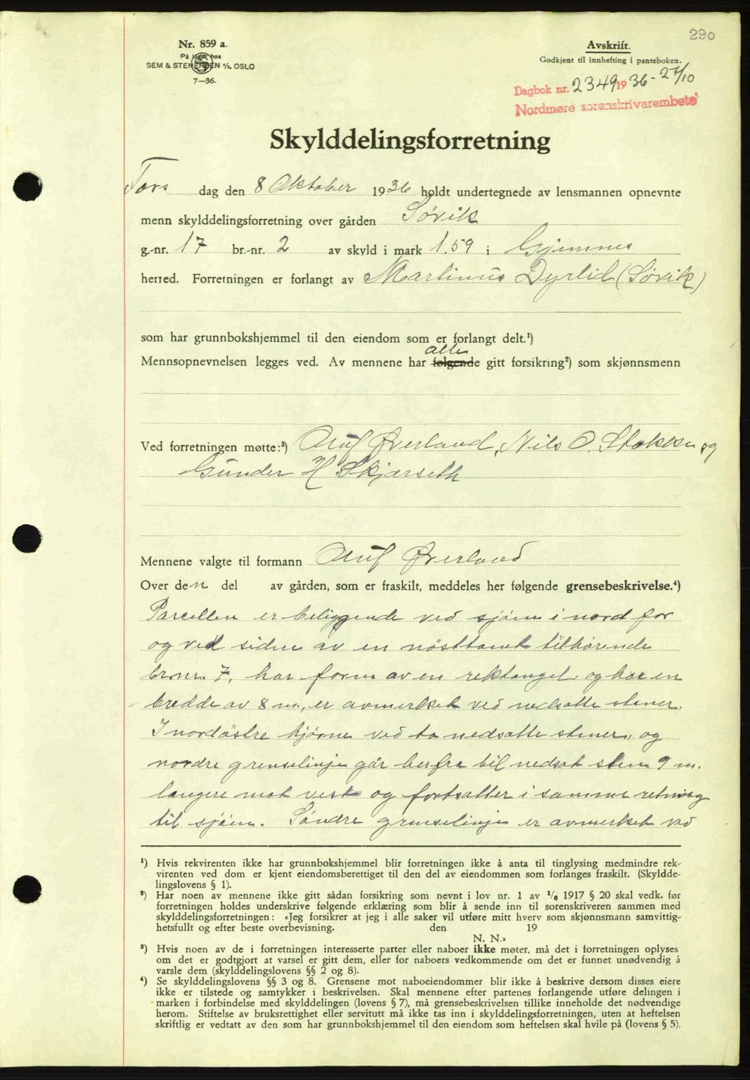 Nordmøre sorenskriveri, AV/SAT-A-4132/1/2/2Ca: Mortgage book no. A80, 1936-1937, Diary no: : 2349/1936