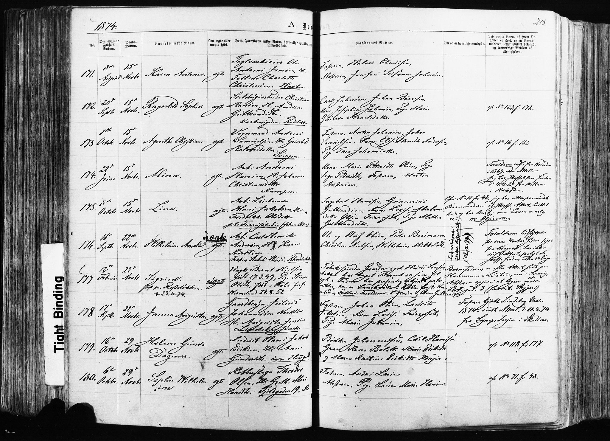 Østre Aker prestekontor Kirkebøker, AV/SAO-A-10840/F/Fa/L0003: Parish register (official) no. I 3, 1869-1875, p. 218