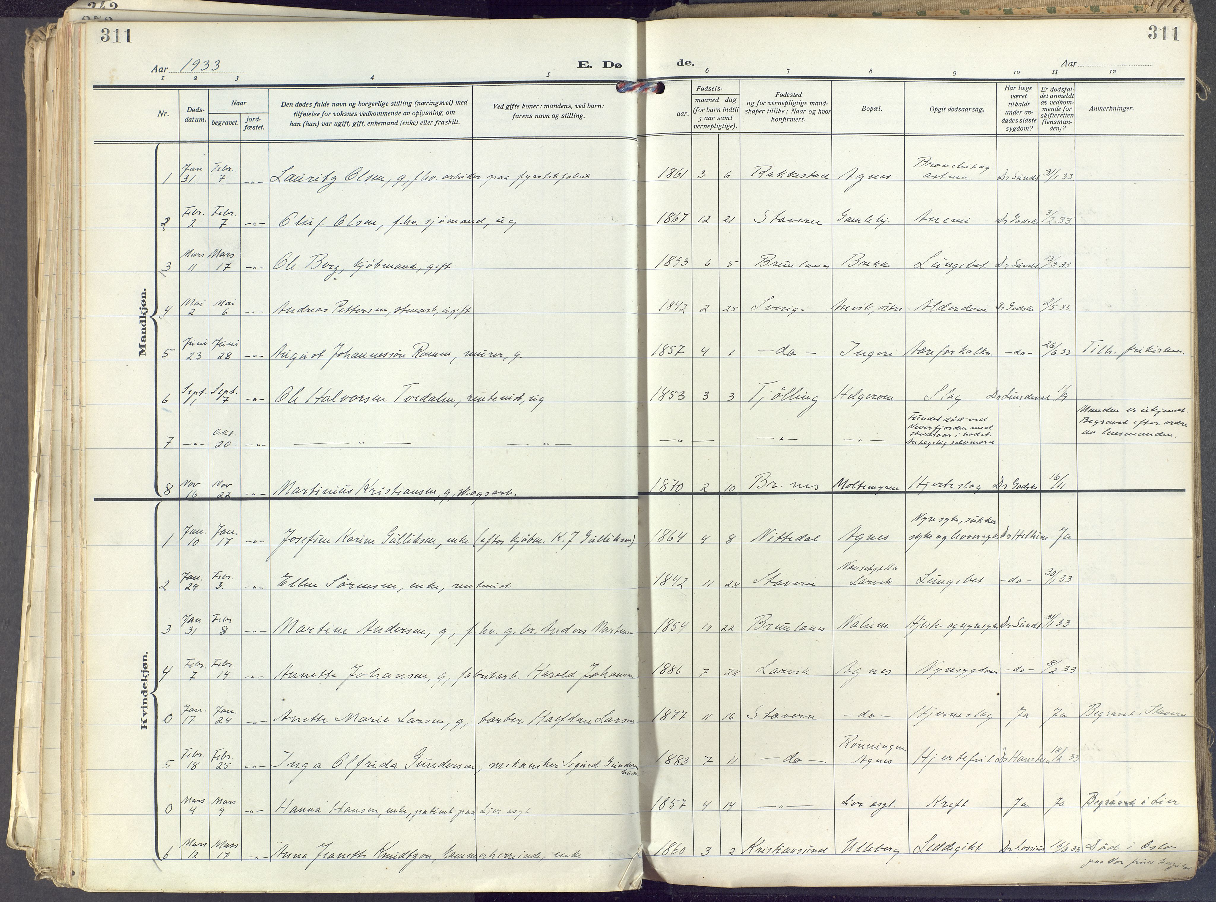 Brunlanes kirkebøker, AV/SAKO-A-342/F/Fc/L0004: Parish register (official) no. III 4, 1923-1943, p. 311